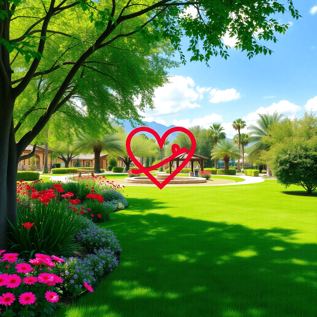 A picturesque park in Drexel Heights, Arizona, featuring lush greenery, colorful flowers, and a subtle heart shape in the landscape, evoking commun...