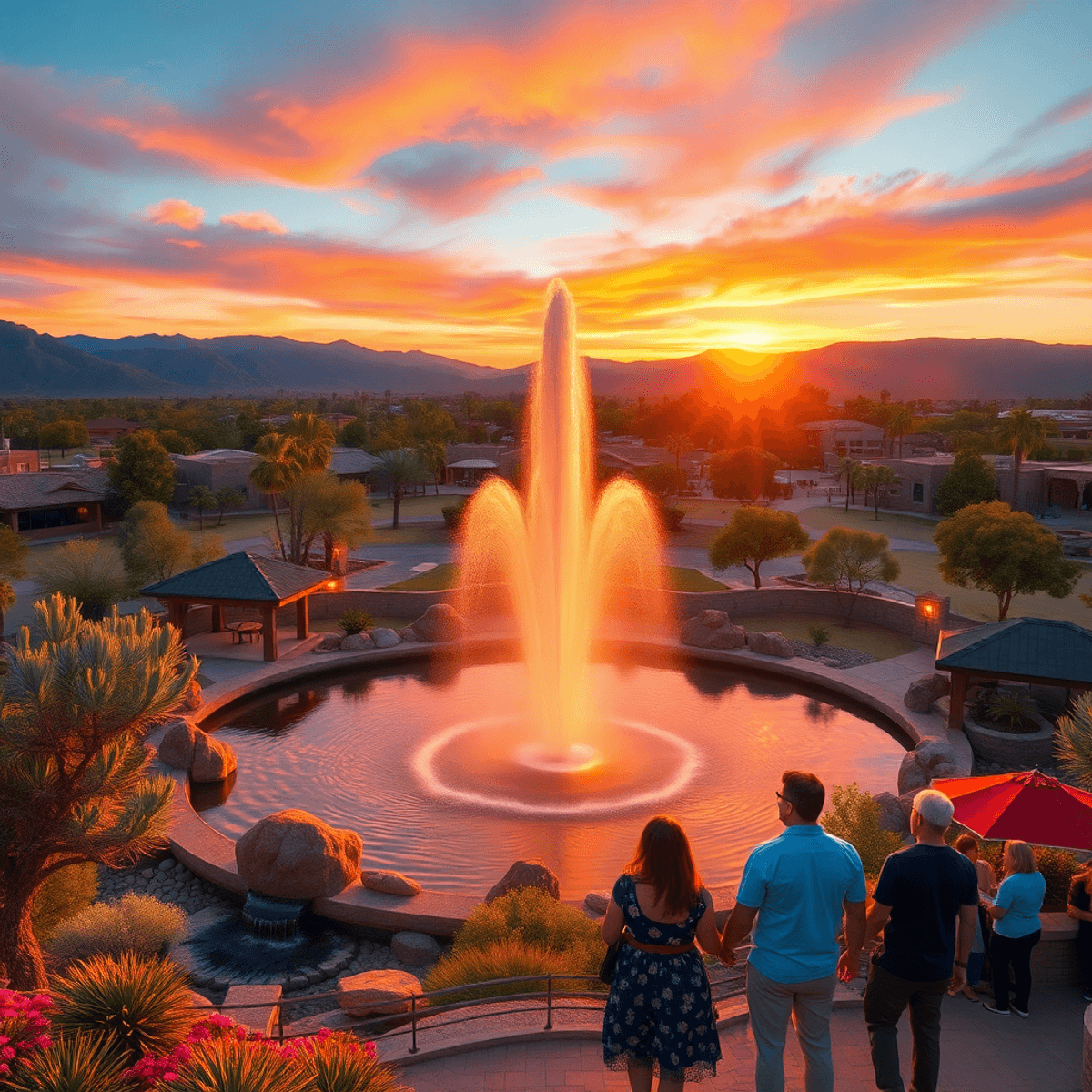 A stunning sunset view of the Fountain Hills fountain, framed by lush desert scenery, with couples enjoying outdoor activities and gatherings, embo...