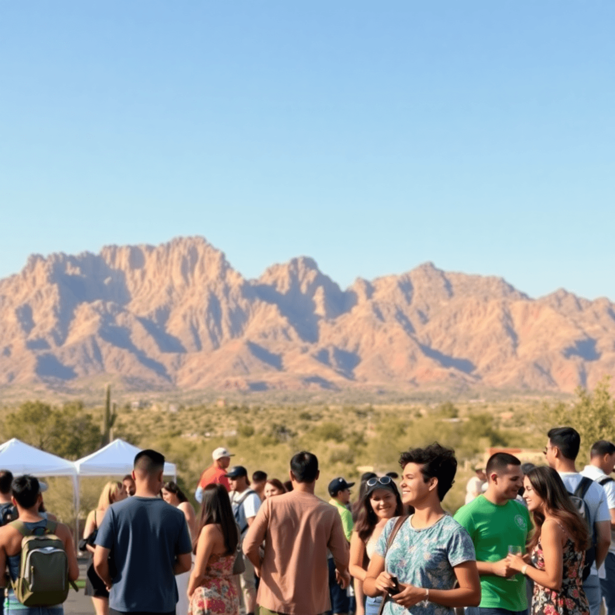 A lively outdoor singles event in front of the Superstition Mountains, featuring people engaged in activities like hiking and mingling at a communi...