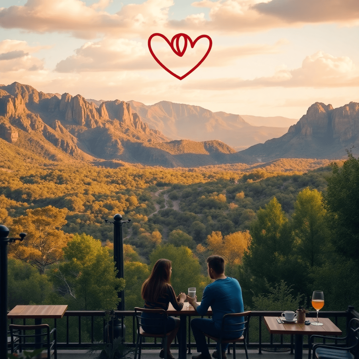 A scenic view of Tonto National Forest with lush greenery and rugged landscapes, featuring a couple enjoying coffee at a cozy café in the foreground.