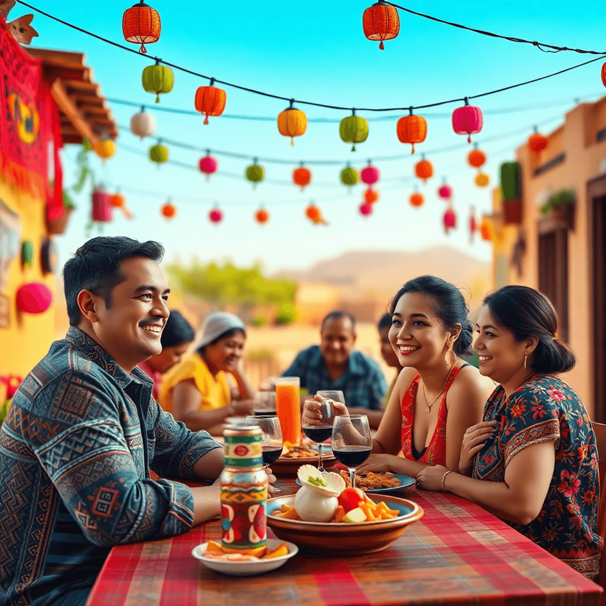 A couple smiles and interacts warmly at a lively family gathering, surrounded by colorful decorations and traditional foods, embodying a blend of m...