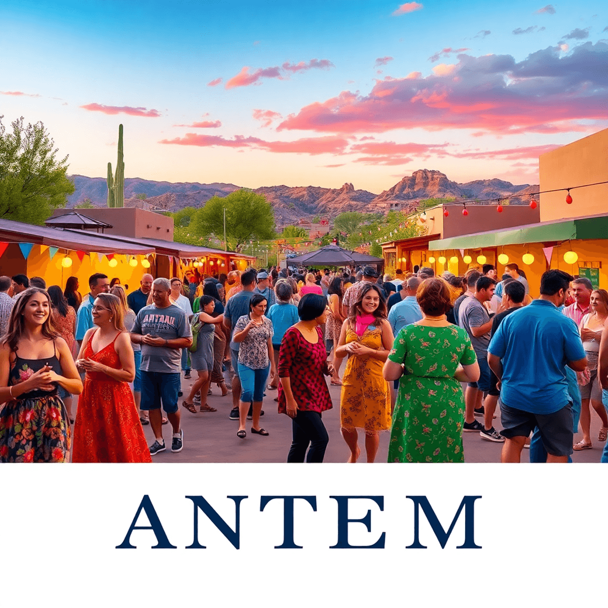 A lively outdoor community event in Anthem, Arizona, featuring people dancing, socializing, and enjoying local vendors against a backdrop of the pi...