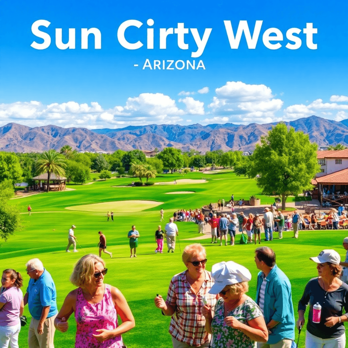 A sunny golf course in Sun City West, Arizona, filled with lush greenery and clear skies, featuring adults engaged in social activities and enjoyin...