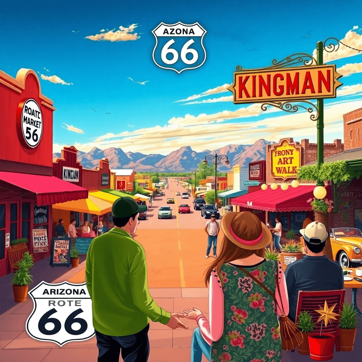 A vibrant Route 66 scene in Kingman, Arizona, featuring a farmers market, local art, and couples enjoying live music, capturing community spirit an...