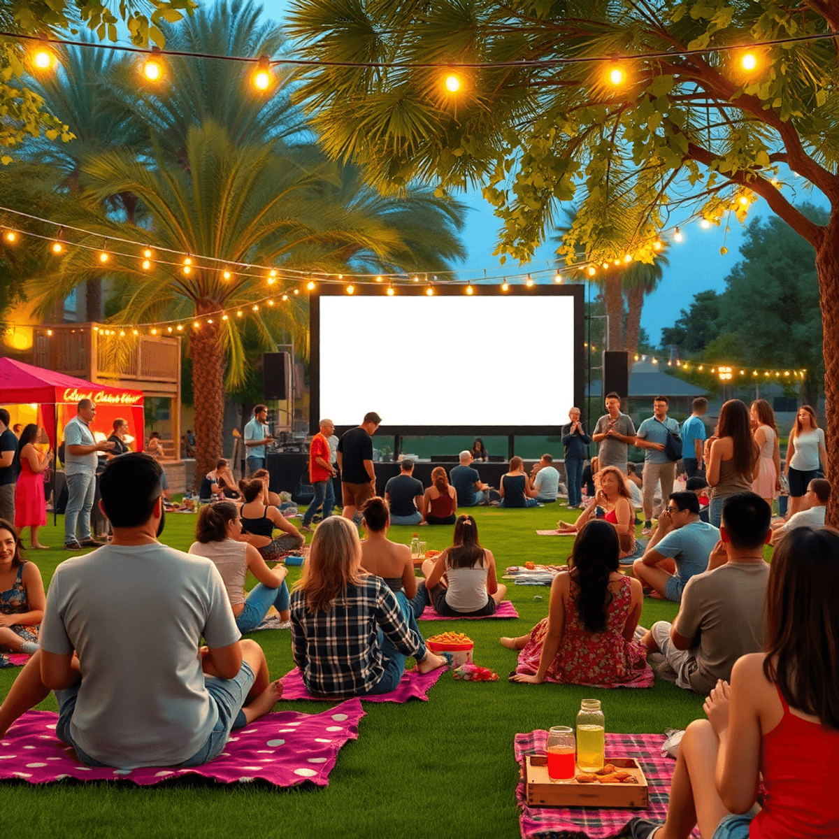 A lively outdoor community event in a park, with people enjoying a movie screening, picnic blankets, snacks, and twinkling string lights creating a...