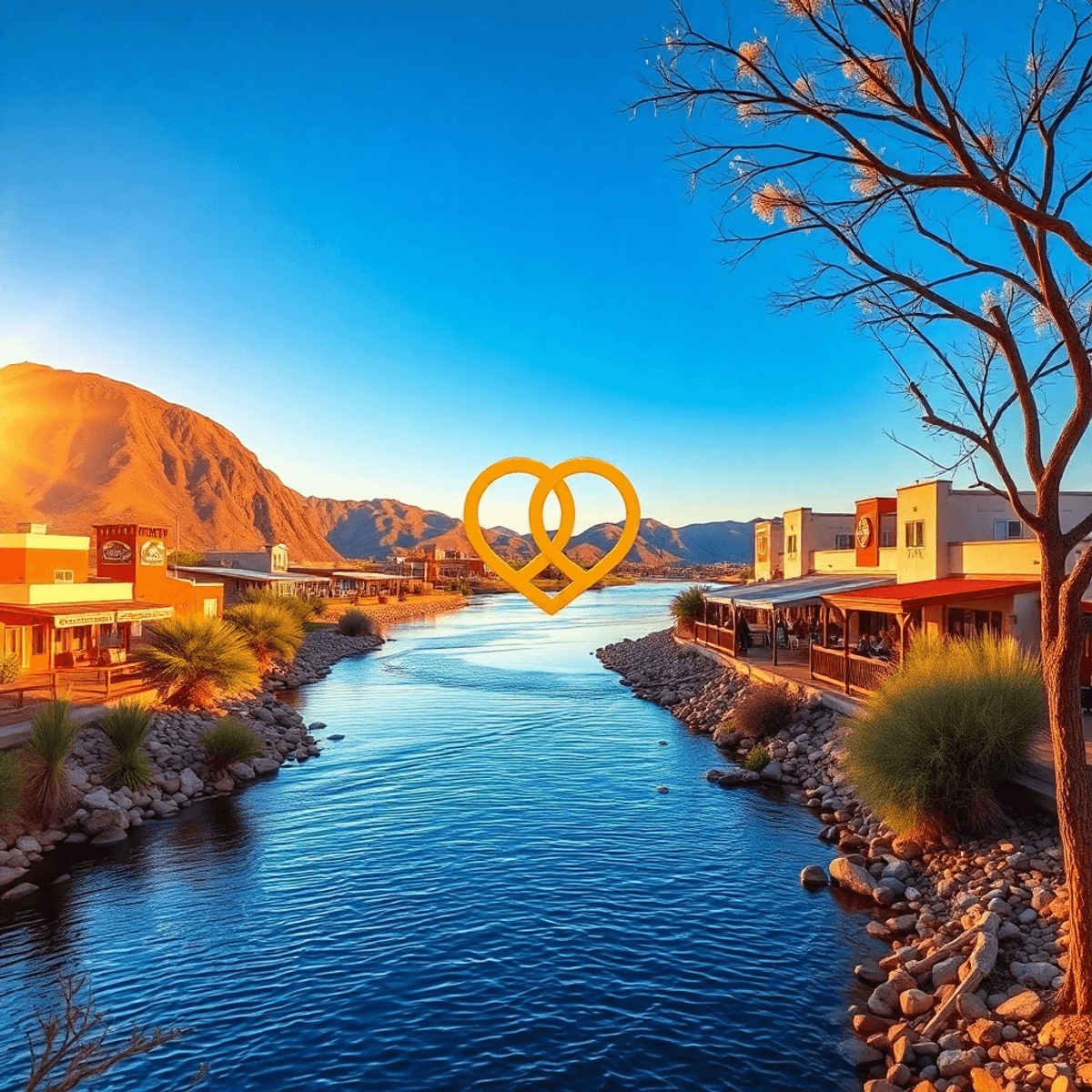 A scenic riverside view of the Colorado River in Bullhead City, Arizona, with sunlight reflecting on the water and subtle heart shapes integrated i...
