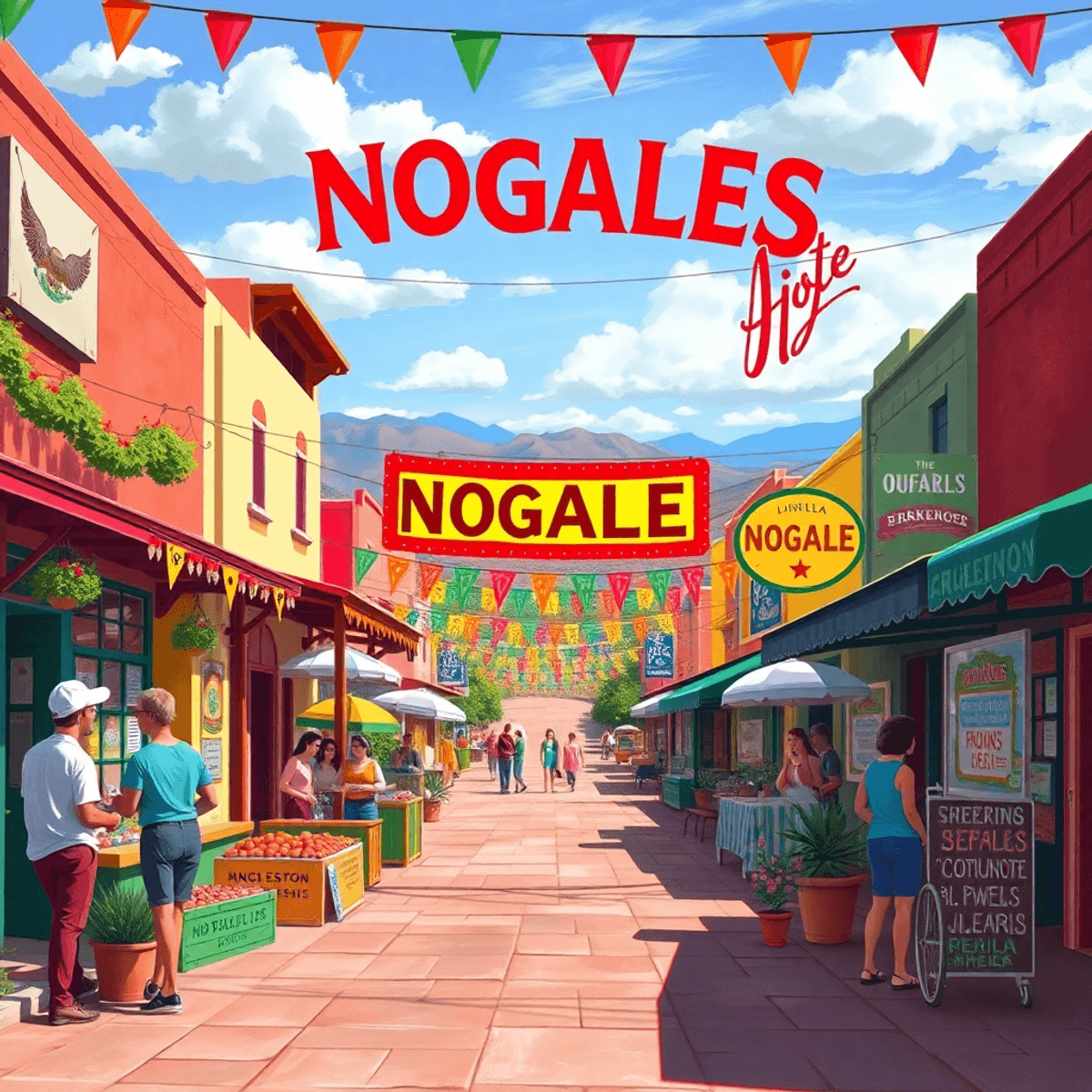 A lively street scene in Nogales, Arizona, showcasing vibrant decorations, food stalls, and bilingual signage, reflecting a blend of cultures and c...