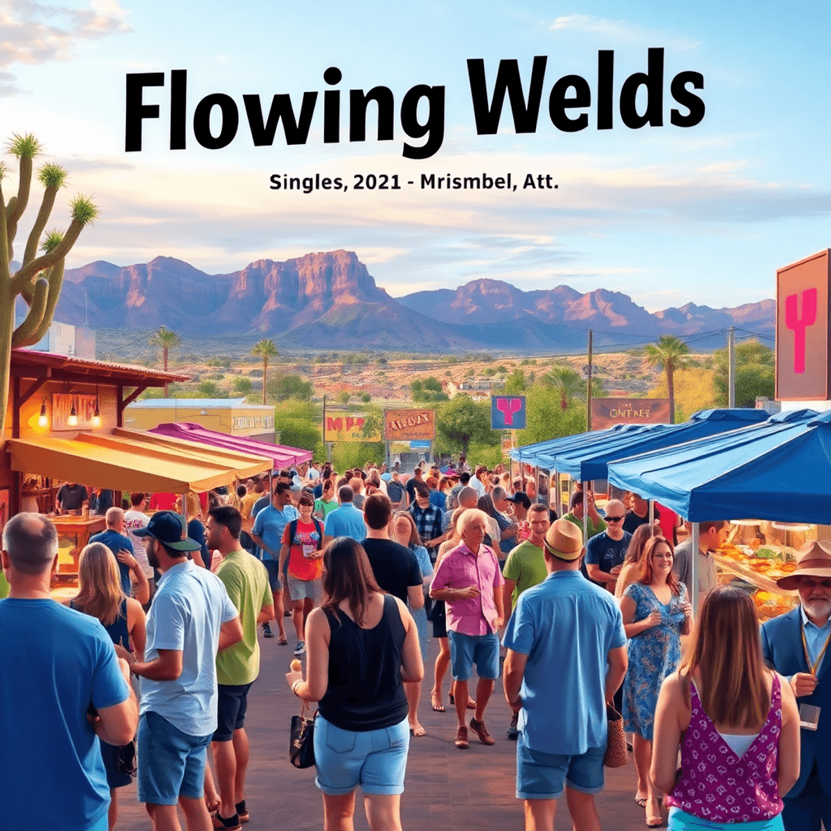 A lively community event in Flowing Wells, Arizona, featuring people enjoying live music and local food vendors against a beautiful desert landscape.
