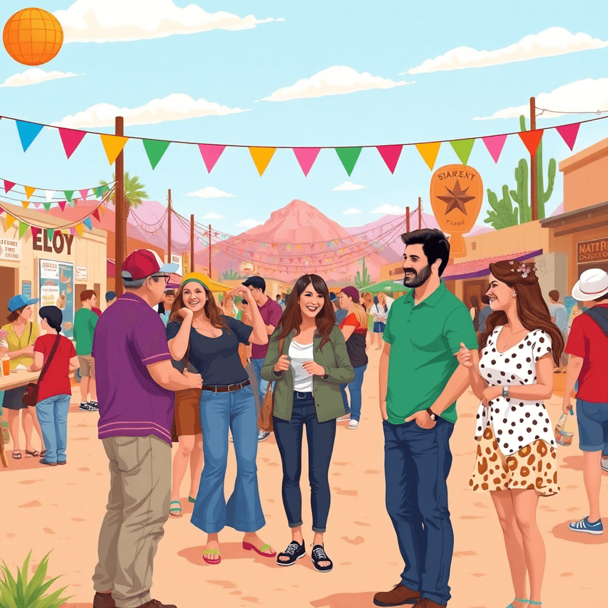 A lively community gathering in Eloy, Arizona, with colorful decorations and banners. People engage in conversations, sharing laughter and joy in a...