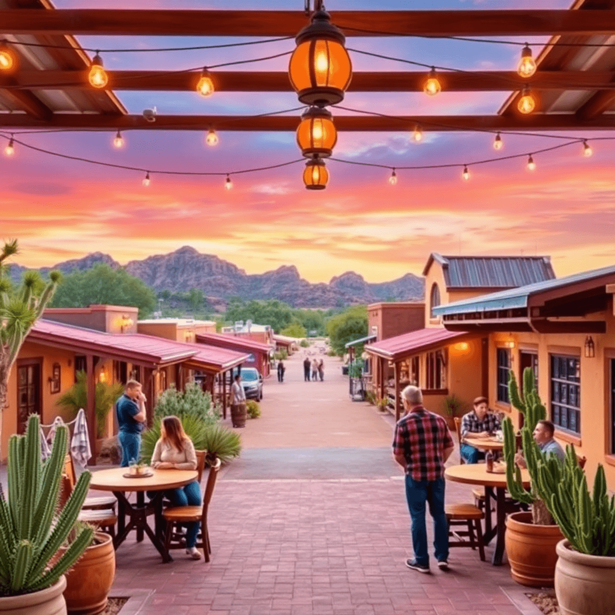 A scenic outdoor venue in Queen Creek, Arizona, showcasing desert landscapes and charming architecture, with couples and small groups enjoying the ...