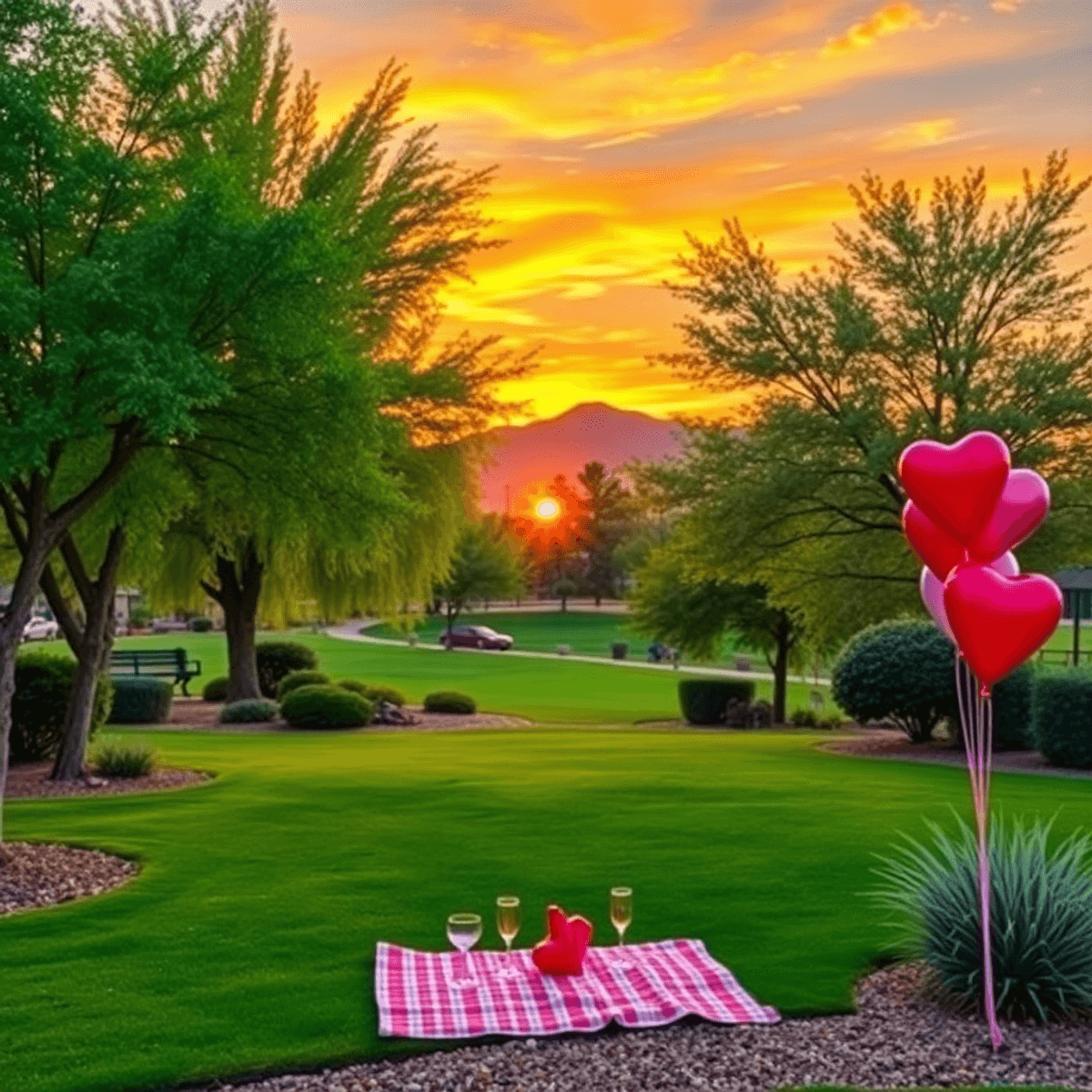 A scenic park in Goodyear, Arizona, with lush greenery and a colorful sunset, featuring heart-shaped balloons and a cozy picnic setup for a romanti...