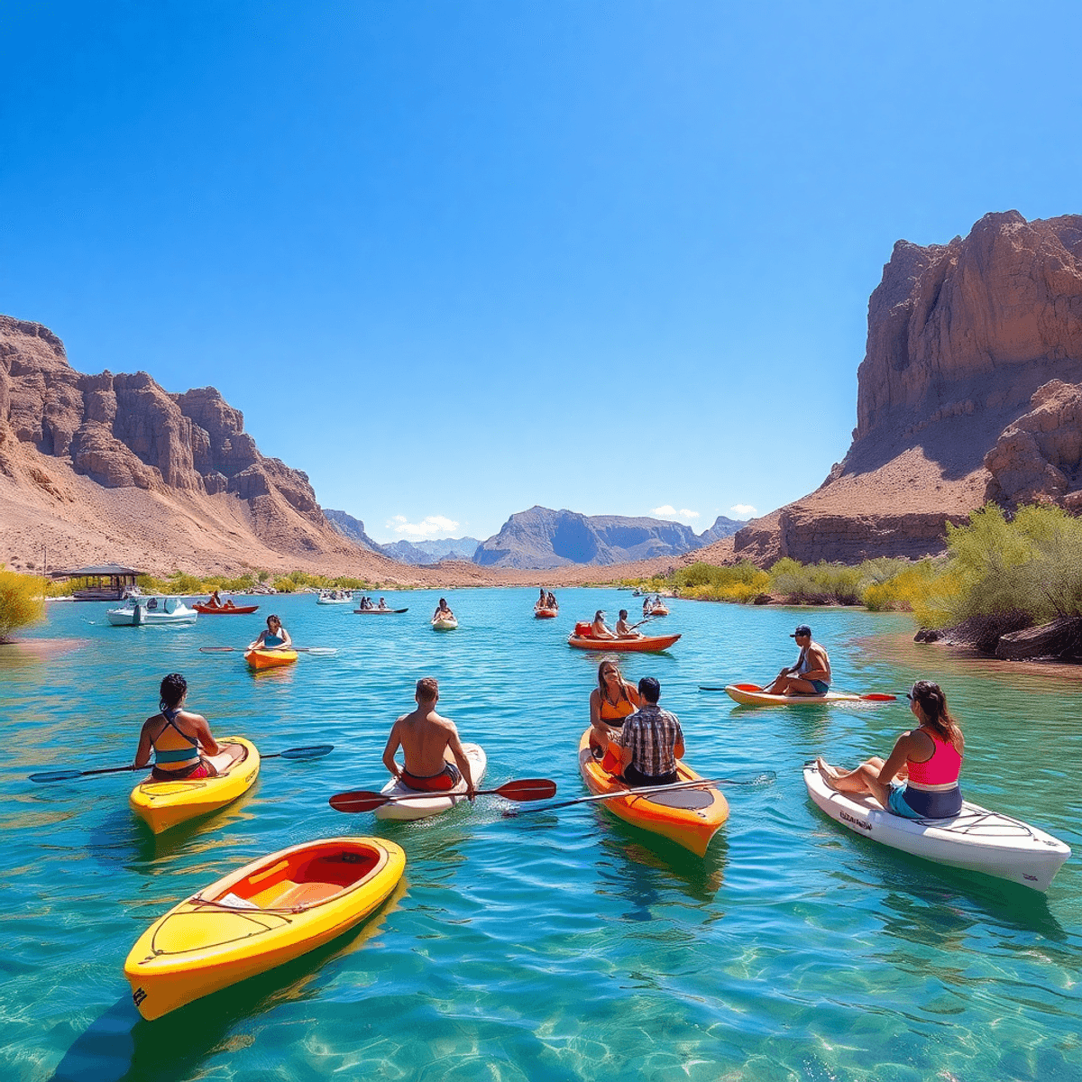 A lively outdoor scene at Lake Havasu City featuring clear waters, kayaks, paddleboards, and a group of people hiking and enjoying the sun in a des...