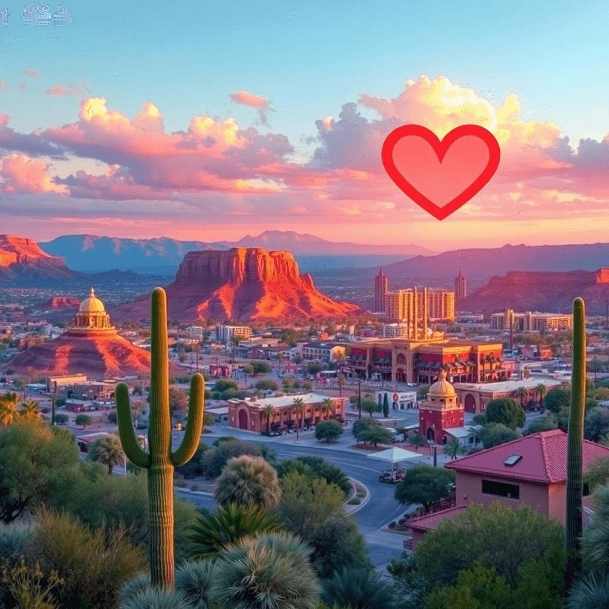 A scenic view of Maricopa, Arizona, featuring desert landscapes and local landmarks, with subtle symbols of connection like hearts integrated into ...