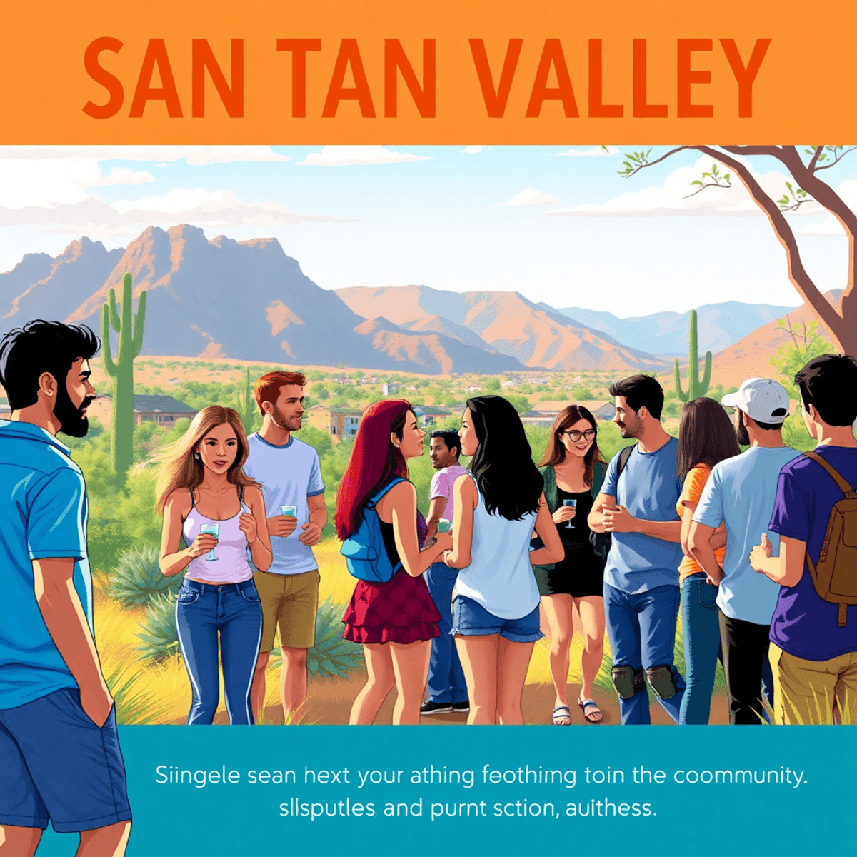 A lively outdoor community event in San Tan Valley, Arizona, with singles hiking, mingling, and enjoying activities amidst a beautiful landscape fi...