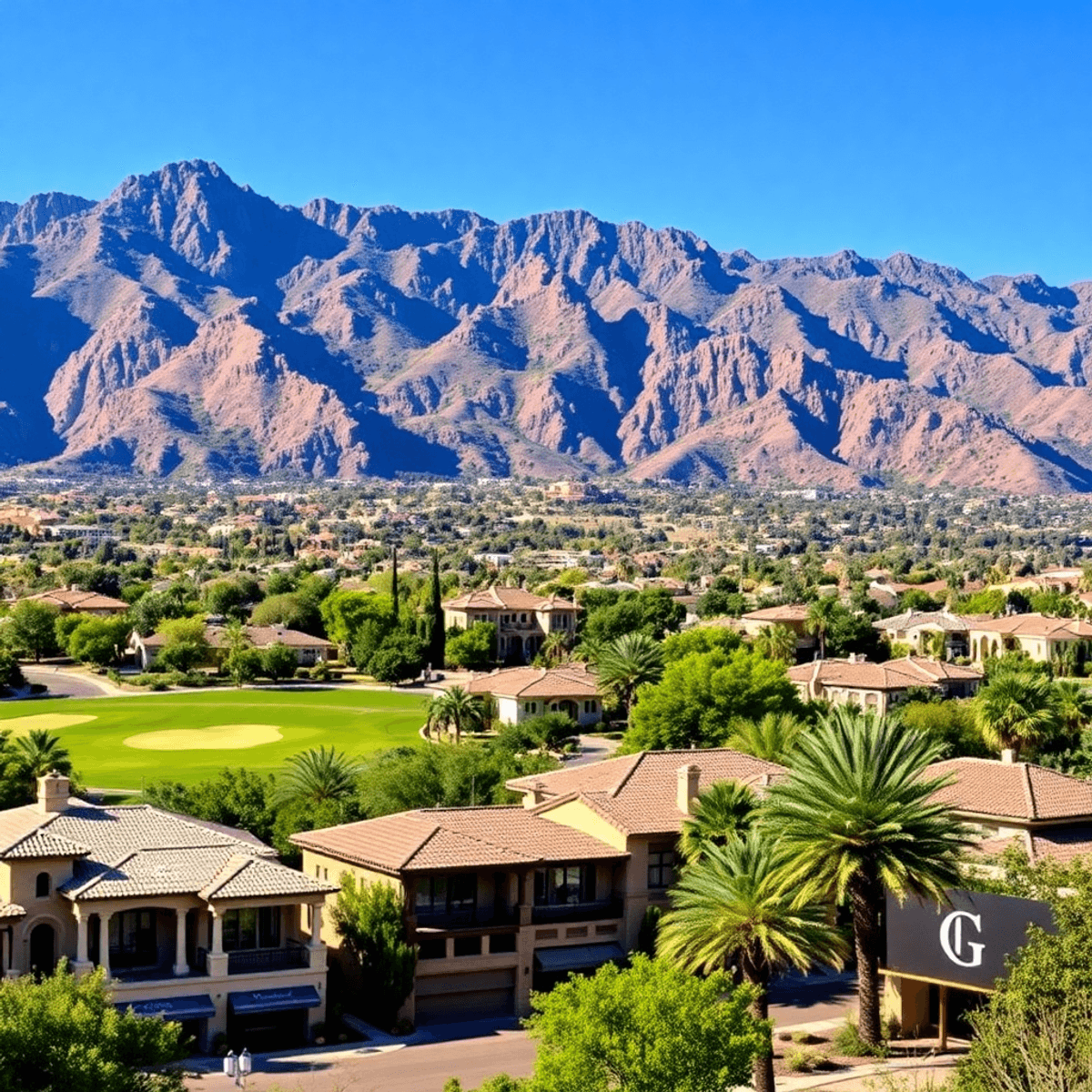 A scenic view of the Santa Catalina Mountains above a luxurious neighborhood with elegant homes, lush greenery, a golf course, and upscale boutique...