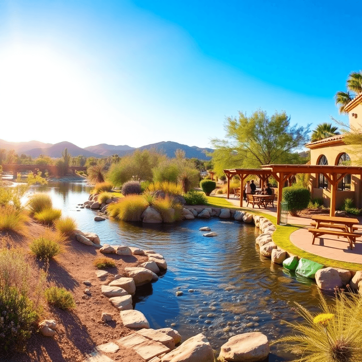 A sunny outdoor scene in Yuma featuring the Colorado River, scenic walking trails, a butterfly garden, and shaded picnic areas surrounded by desert...