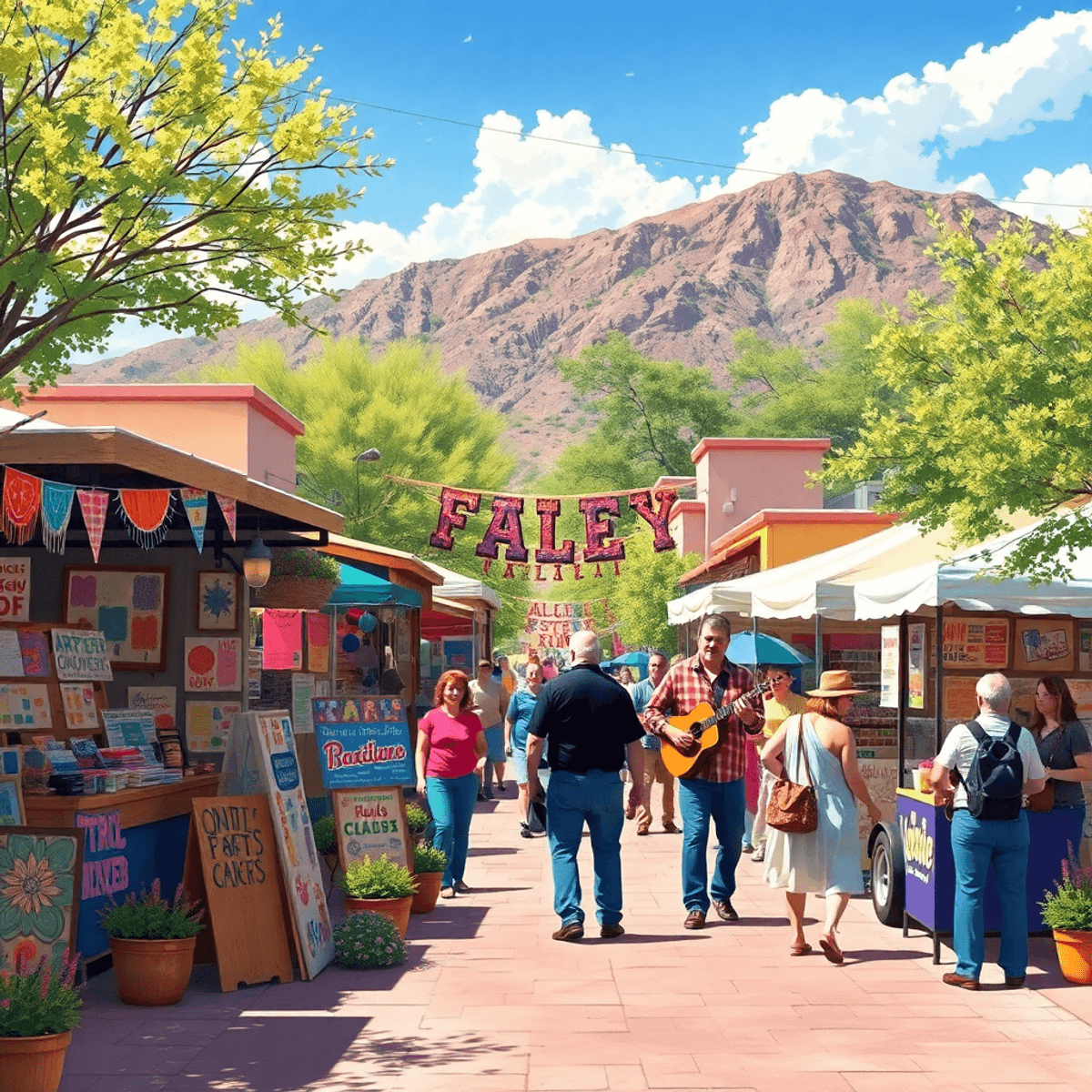 A lively outdoor festival scene with colorful artisan booths, food stalls, decorative banners, and people enjoying live music under a sunny sky in ...