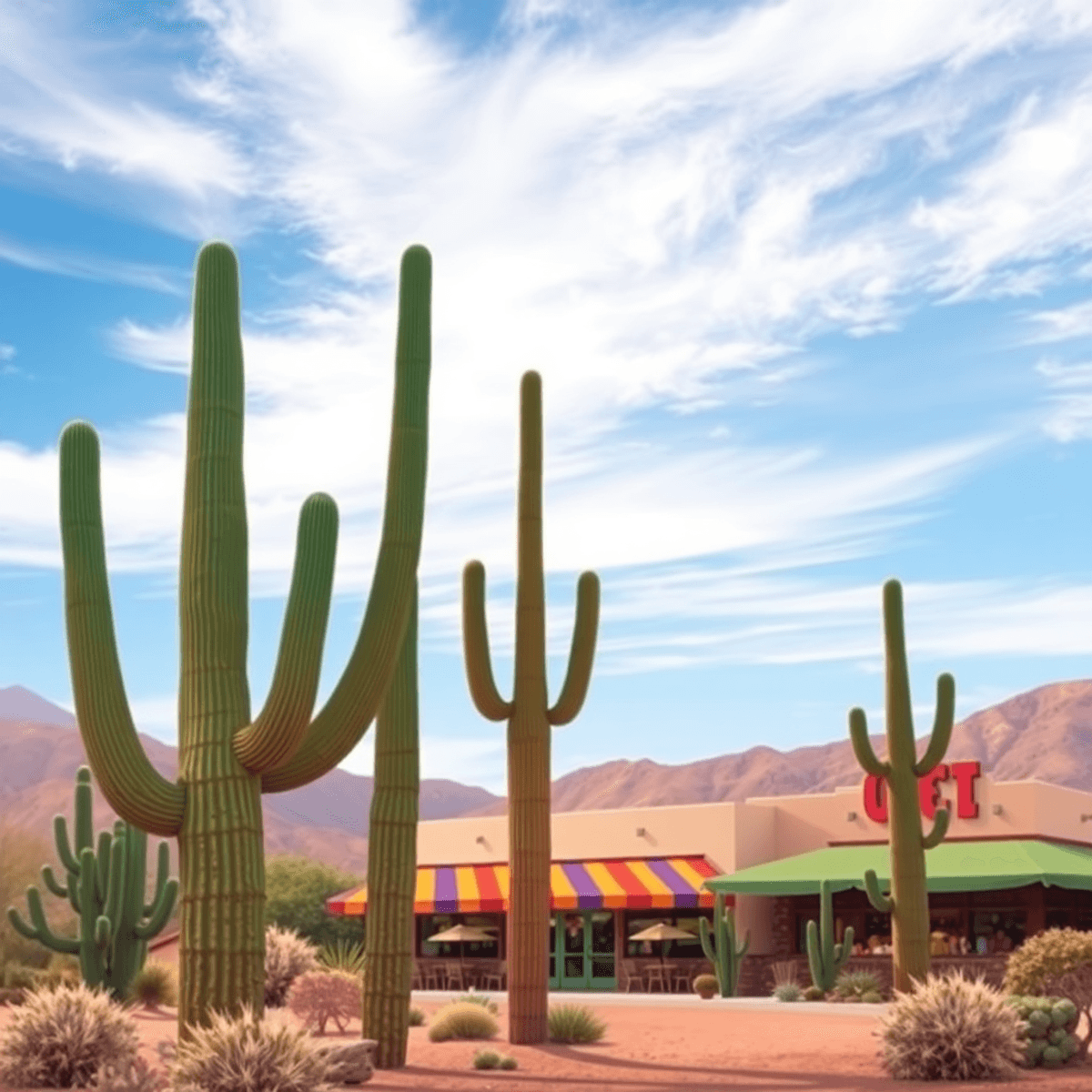 A vibrant desert landscape with Saguaro cacti under a clear blue sky, featuring a cozy restaurant in the background, evoking a sense of community a...
