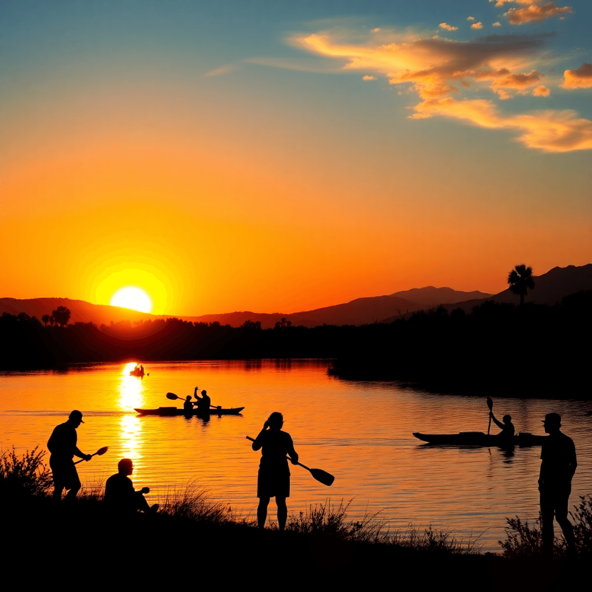 A vibrant sunset over Lake Pleasant with silhouettes of people kayaking and hiking, capturing a warm sense of community and connection in nature.