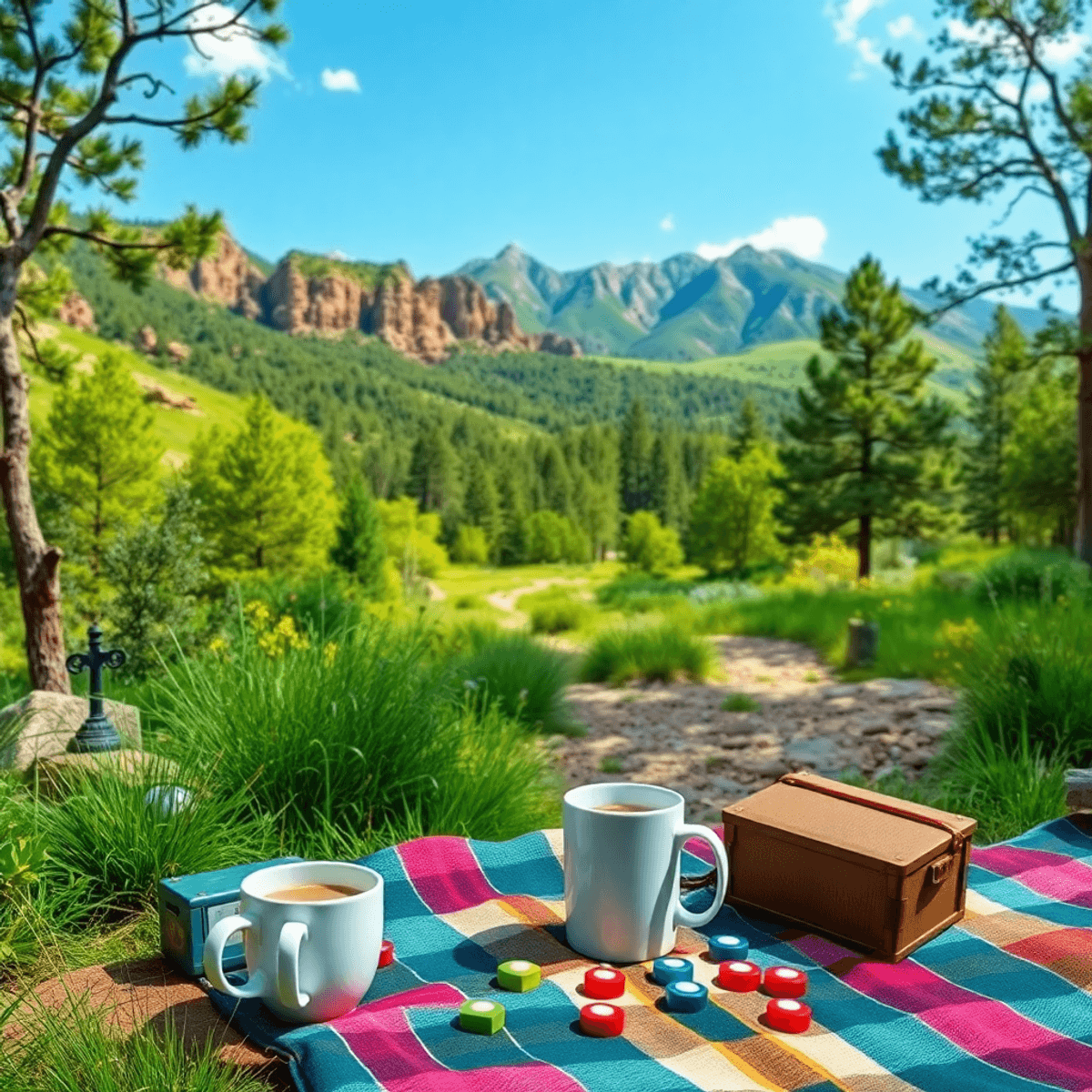 A scenic hiking trail in Prescott, Arizona, surrounded by lush greenery and mountains, featuring a cozy picnic setup with a coffee cup and game pie...