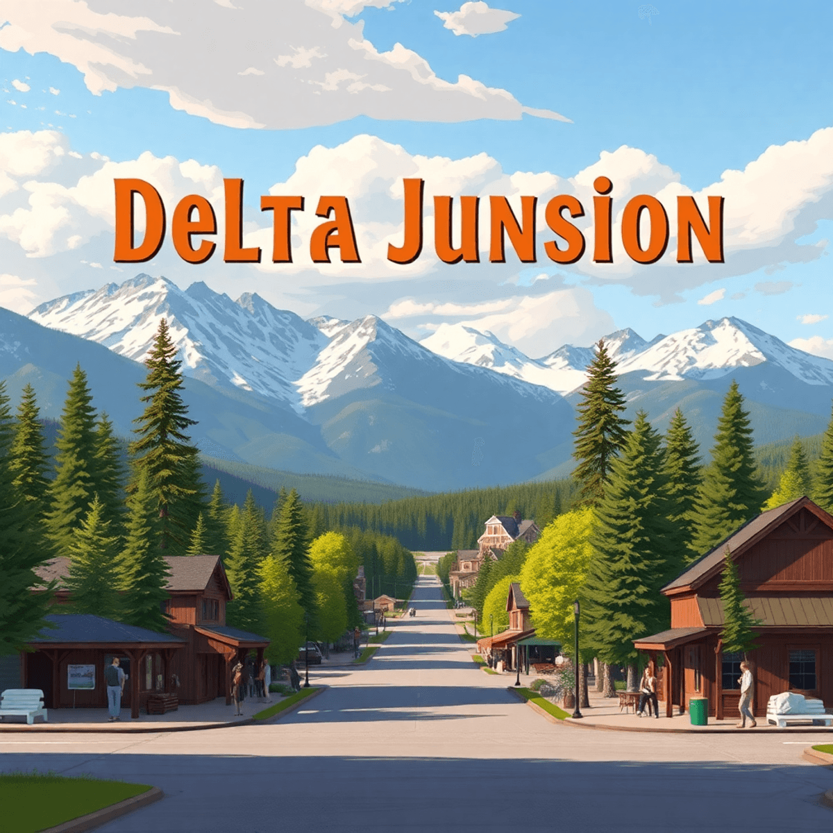 A beautiful landscape of Delta Junction, Alaska, showcasing mountains and forests, with a cozy gathering spot that highlights the charm and communi...