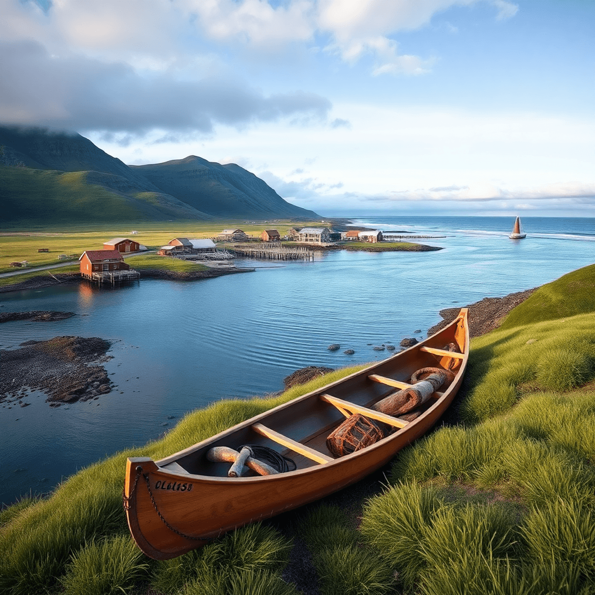 A scenic view of Hooper Bay, Alaska, featuring the Bering Sea coast, traditional kayaks, fishing gear, and lush landscapes, embodying community and...