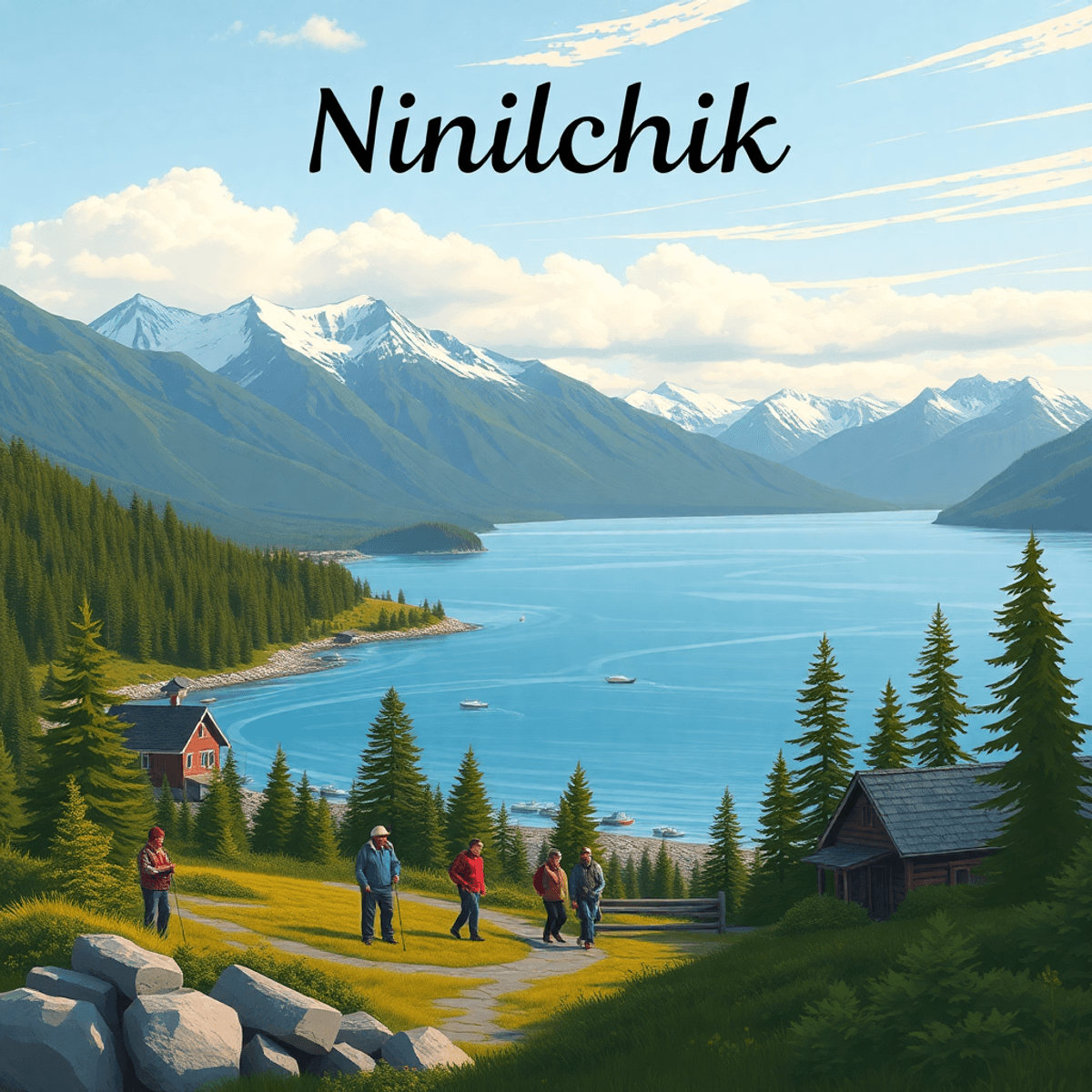 A picturesque view of Ninilchik, Alaska, featuring Cook Inlet, mountains, and elements of outdoor activities like fishing and hiking, alongside a s...