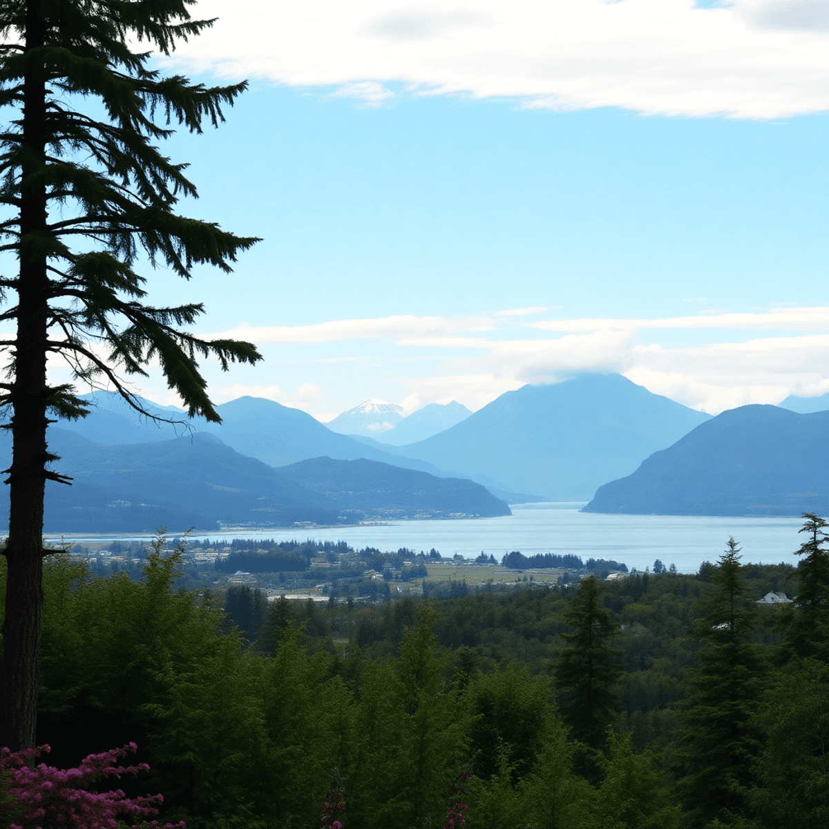A breathtaking view of Metlakatla, Alaska, featuring lush greenery and mountains, with subtle traditional motifs that celebrate Tsimshian culture, ...