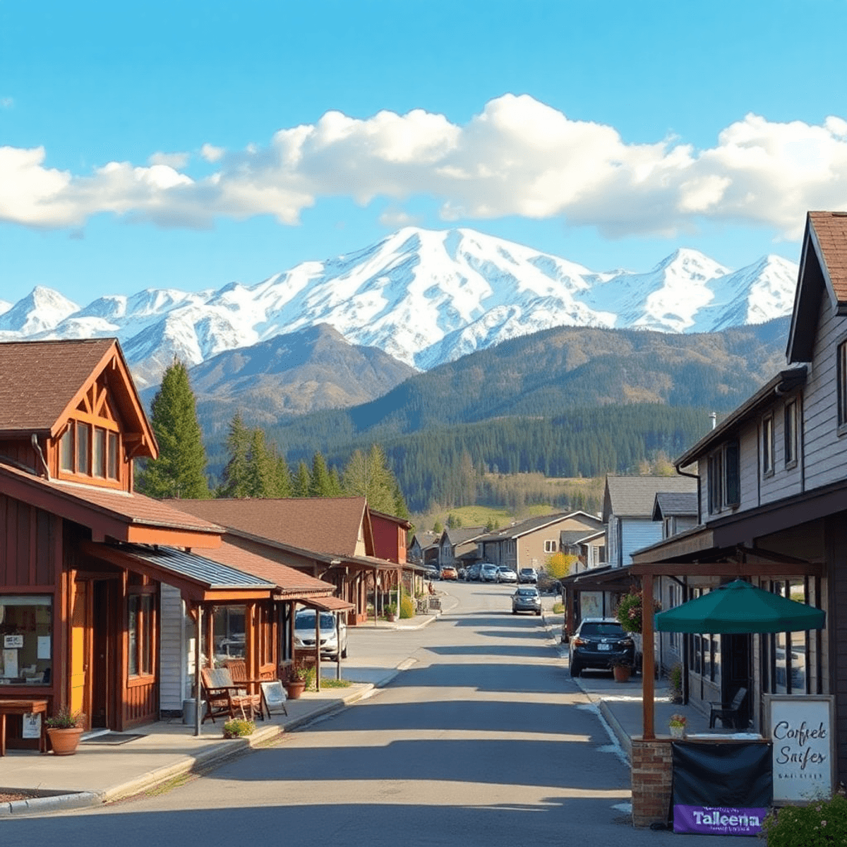 A scenic view of Talkeetna, Alaska, showcasing majestic mountains with Denali in the background, alongside a cozy coffee shop and local art gallery...