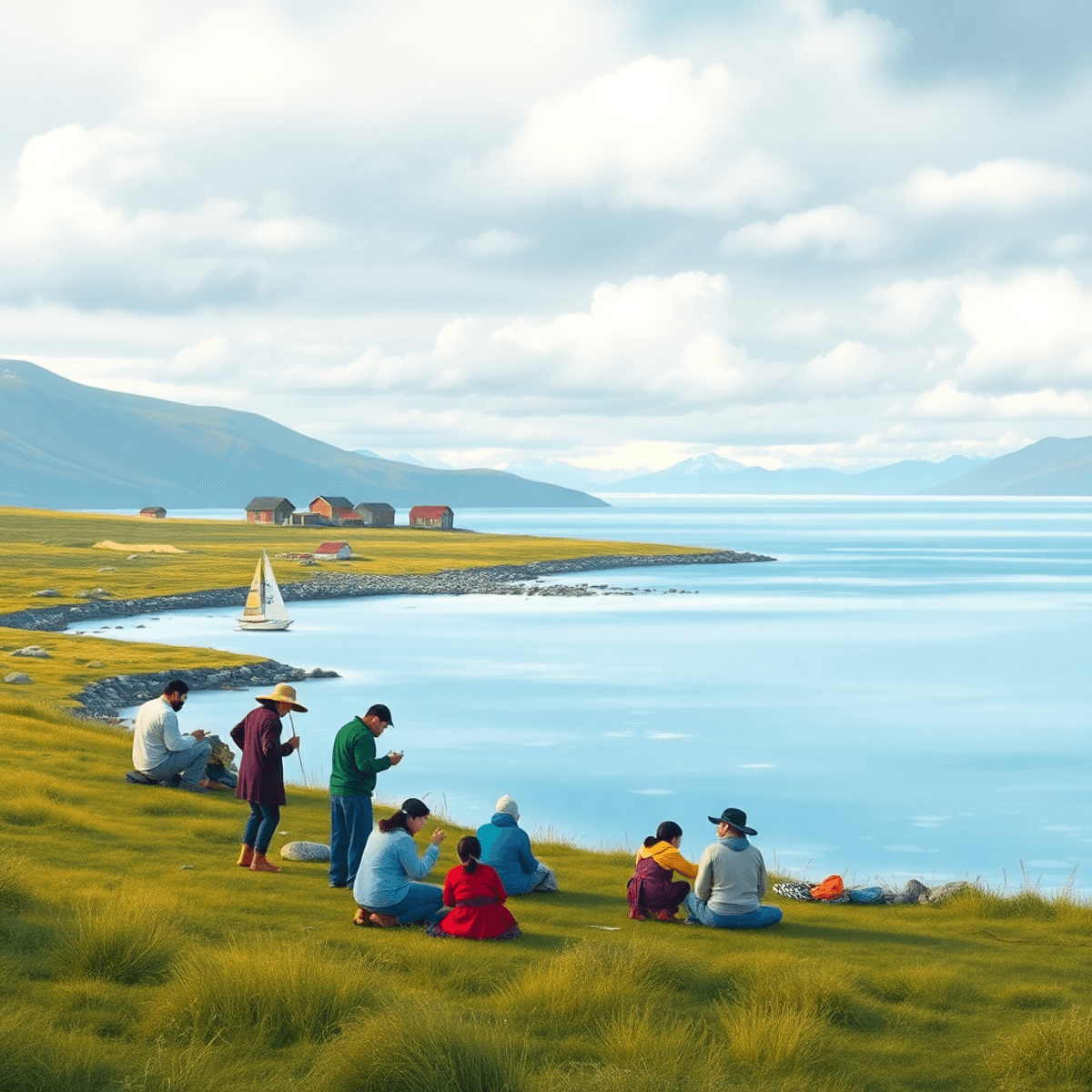 A serene landscape of Toksook Bay in Alaska, showcasing a community gathering with people engaging in shared activities against the backdrop of the...