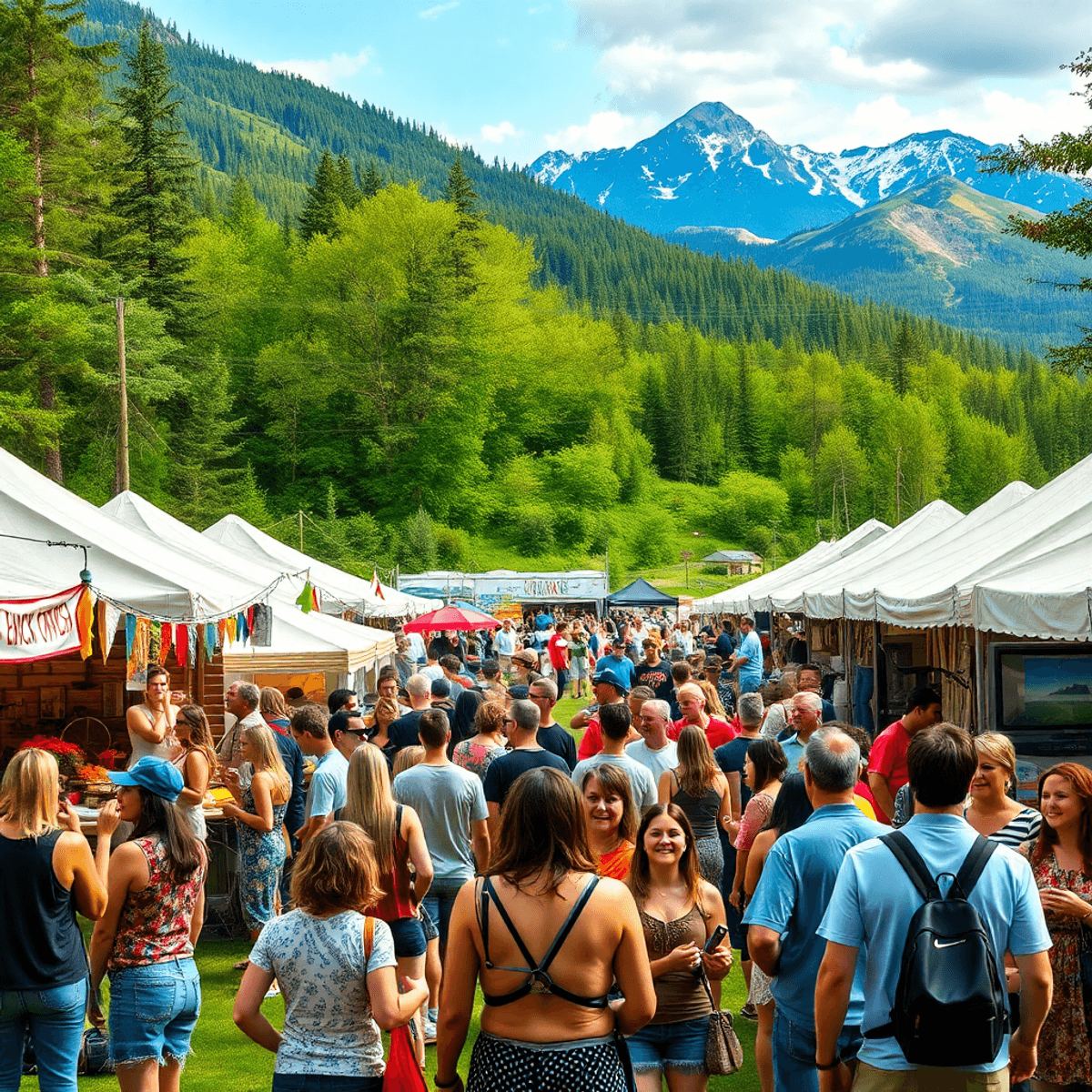 A lively outdoor festival in Alaska featuring people enjoying music, food stalls, and art displays, set against lush greenery and mountains, radiat...