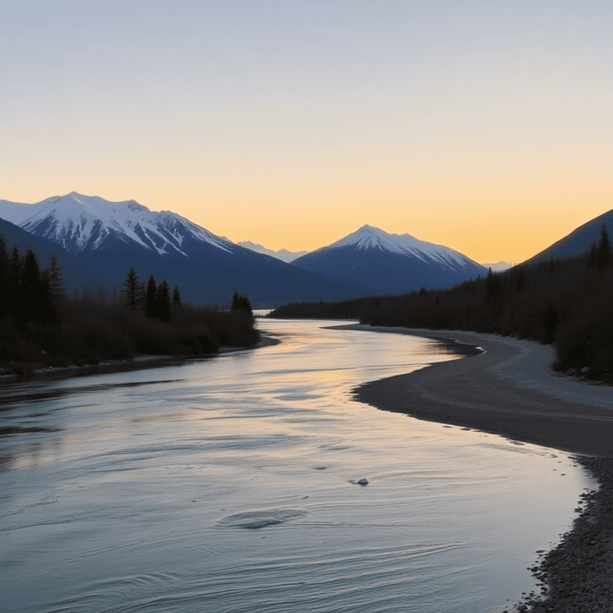 A stunning sunset over the Kenai Peninsula, showcasing clear waters of the Kenai River, sandy beaches along Cook Inlet, and majestic snow-capped mo...
