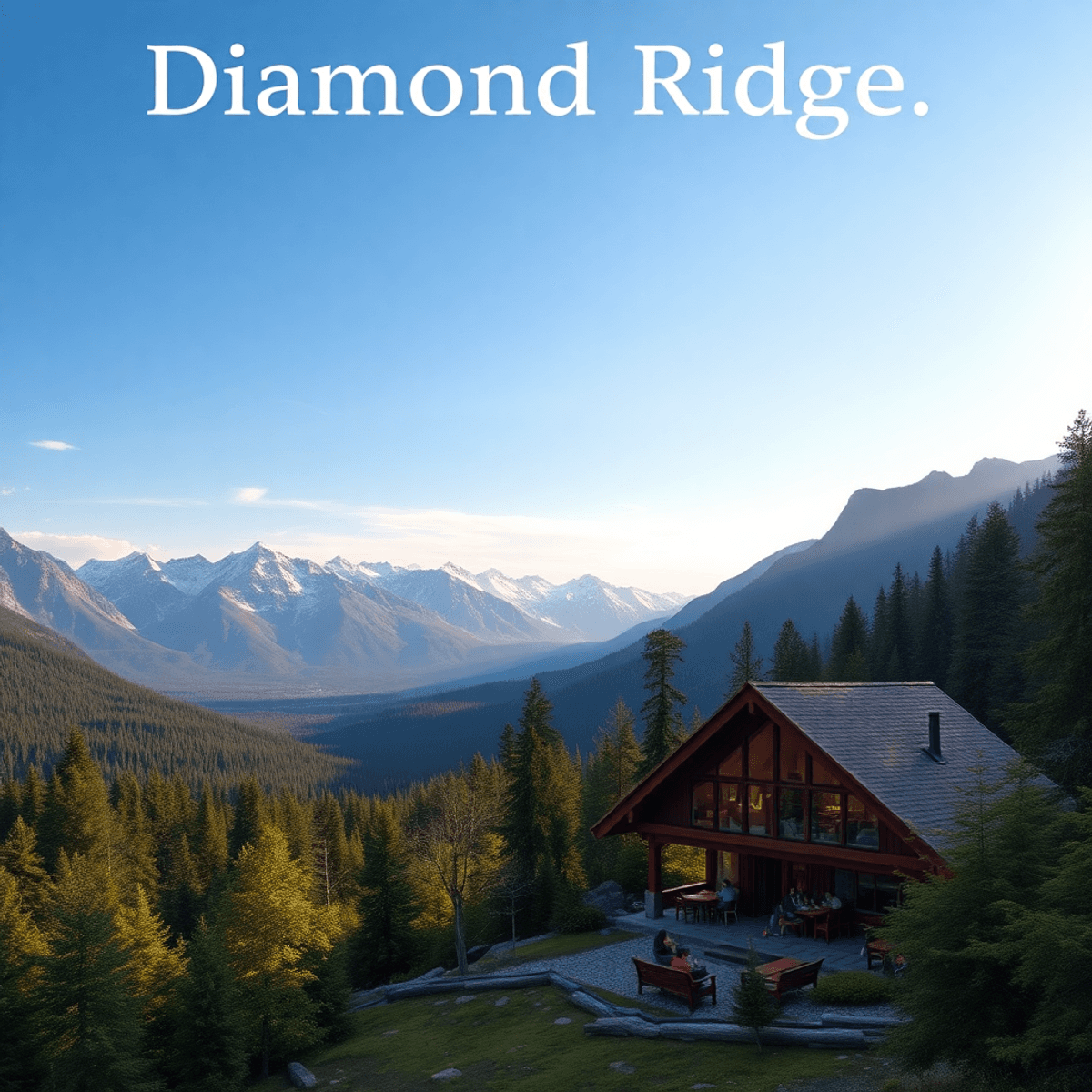 A picturesque view of Diamond Ridge, Alaska, featuring majestic mountains, lush forests, hiking trails, and a cozy gathering spot, evoking adventur...