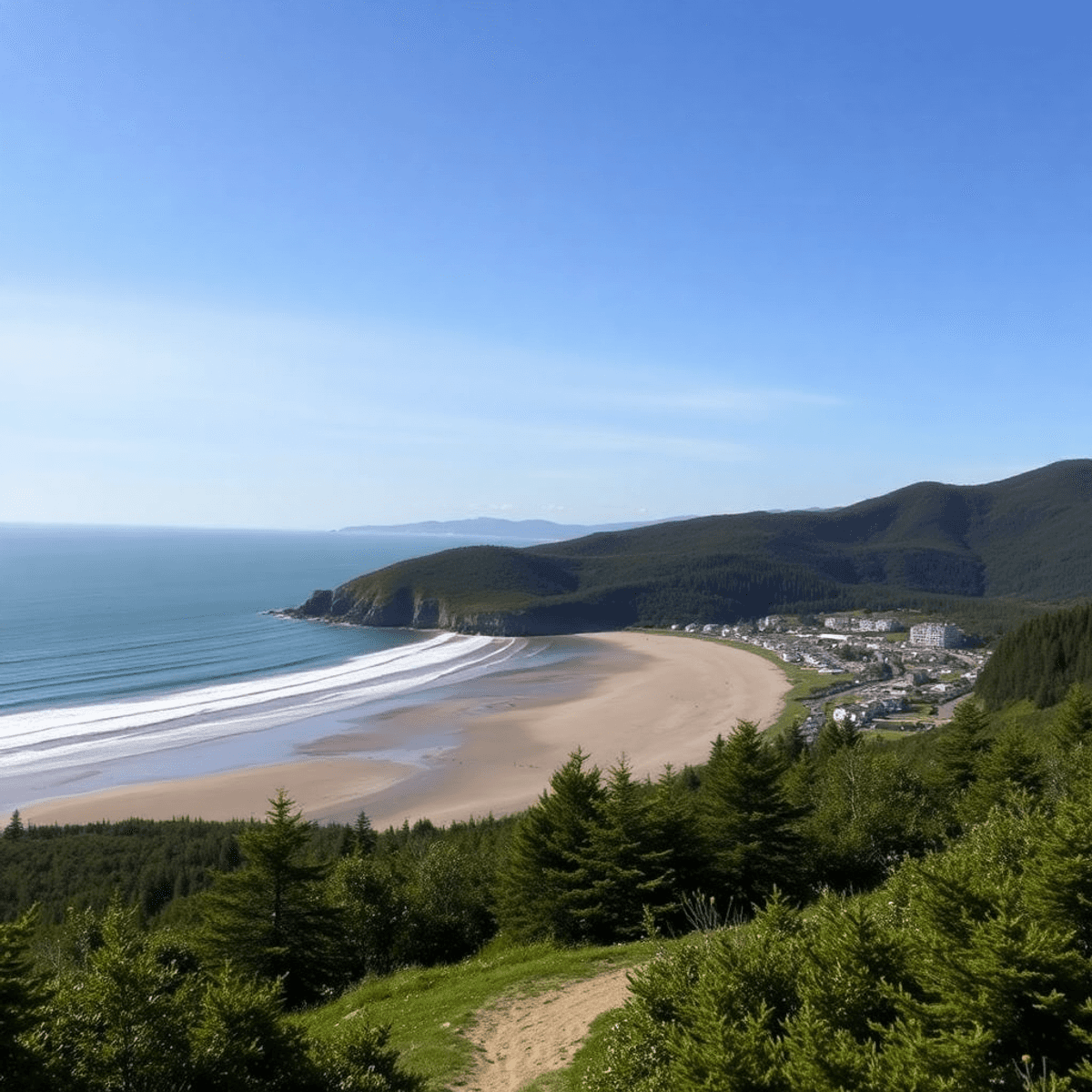 A scenic view of Sand Point, Alaska, featuring sandy beaches, lush greenery, hiking trails, and a clear blue sky, evoking adventure and romance in ...