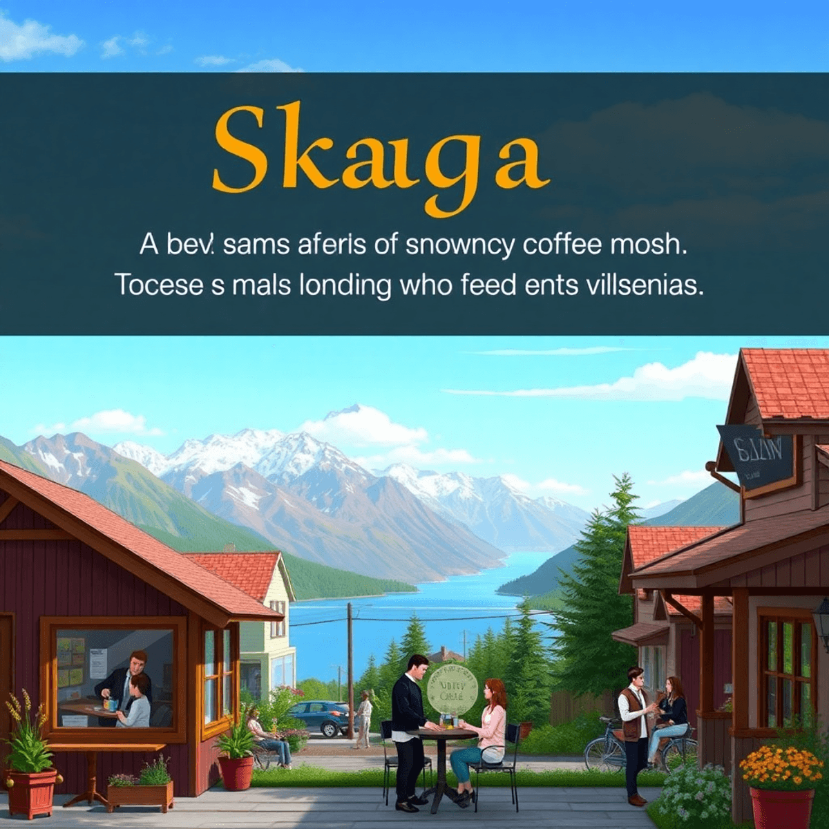 A scenic view of Skagway, Alaska, featuring majestic mountains, pristine waters, and a cozy coffee shop with a couple enjoying coffee outside, radi...