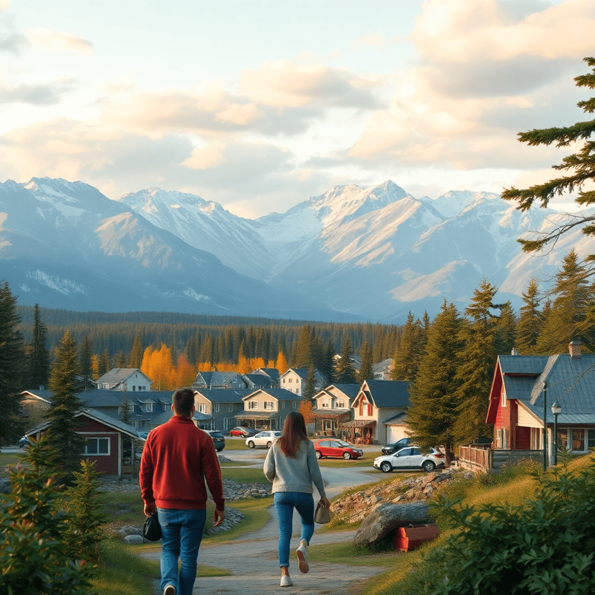 A scenic Alaskan landscape with mountains and forests, featuring a couple enjoying a romantic picnic in a cozy small-town setting. The atmosphere i...