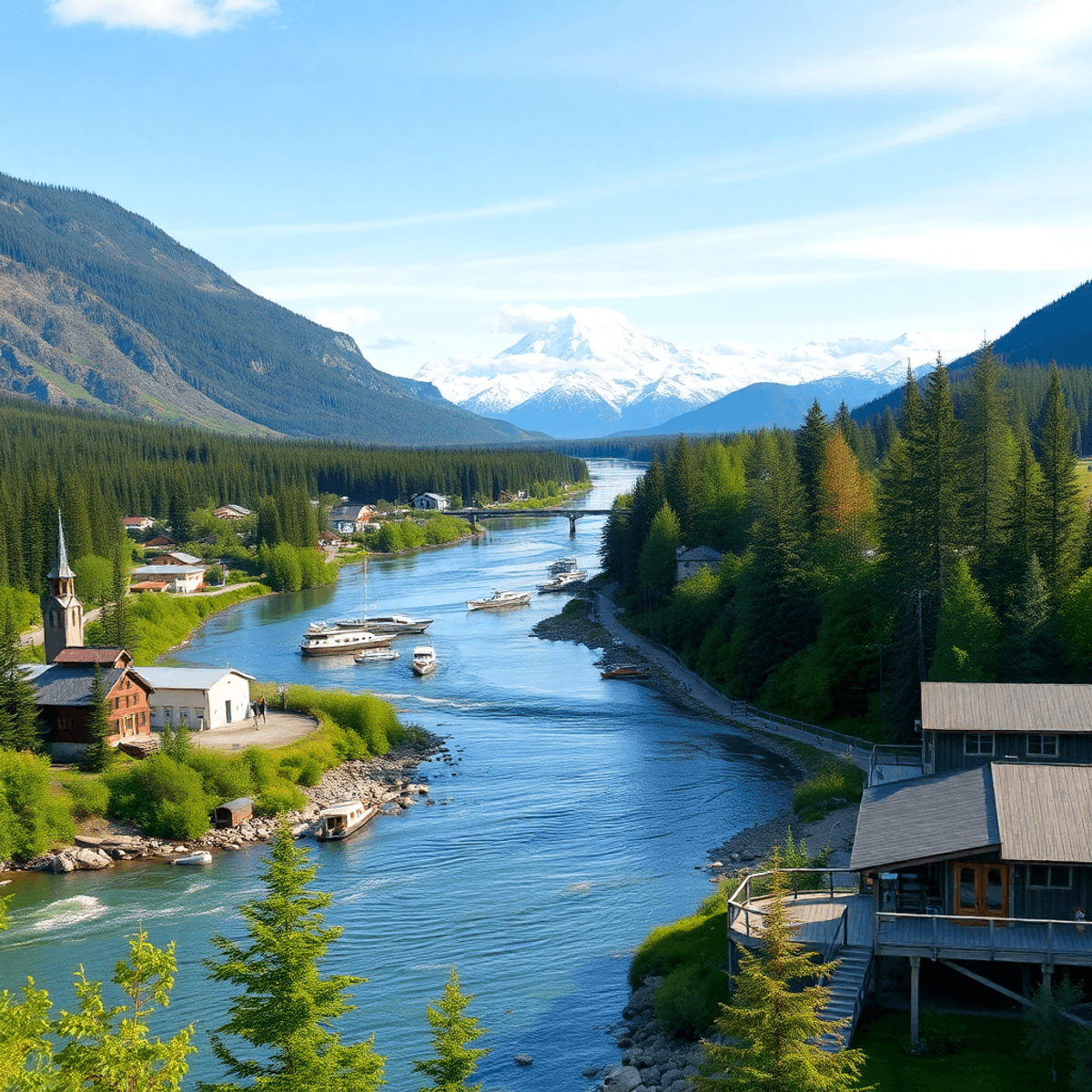 A scenic view of the Tanana River in Nenana, Alaska, featuring lush greenery, distant mountains, and a cozy gathering spot that embodies community ...