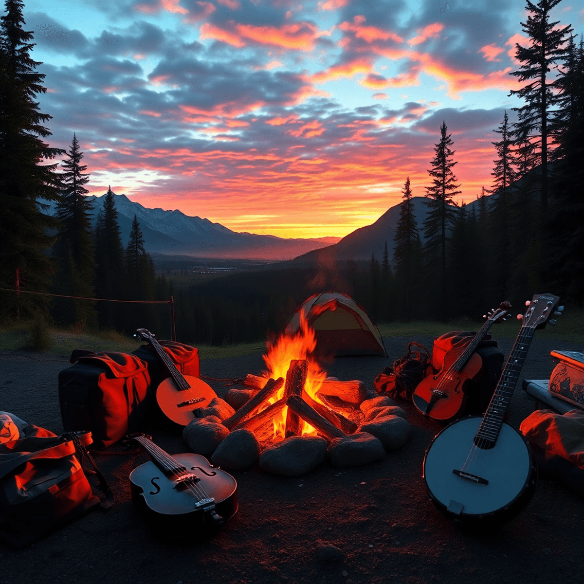 A scenic sunset in the Alaskan wilderness, showcasing a cozy campfire surrounded by camping gear and musical instruments, embodying warmth and comm...