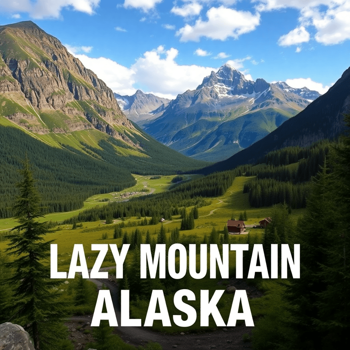 A scenic view of Lazy Mountain in Alaska, featuring lush greenery and majestic peaks, evoking adventure and a vibrant community atmosphere.