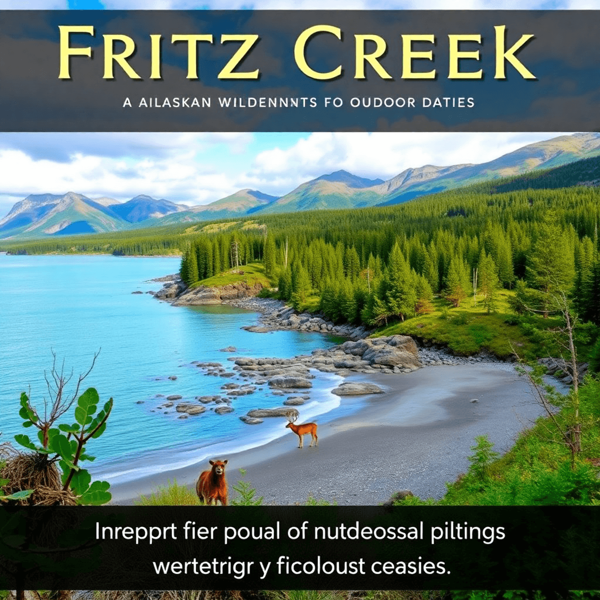 A stunning view of Fritz Creek's coastal trails, lush greenery, vibrant wildlife, and a serene beach, capturing the essence of adventure and natura...