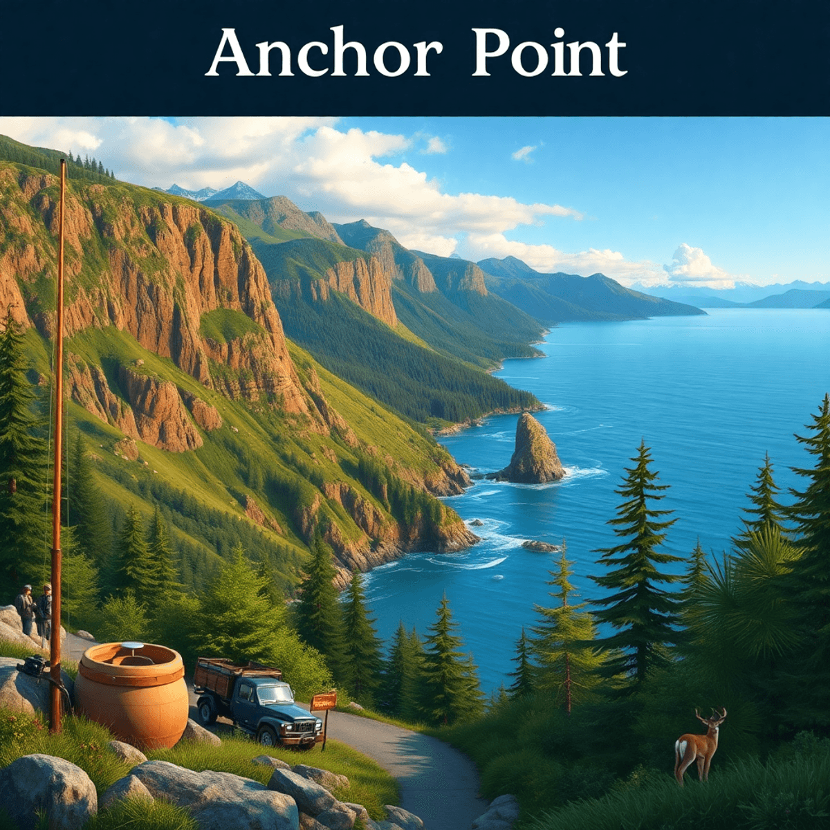 A picturesque view of Anchor Point, Alaska, showcasing dramatic cliffs, the Cook Inlet, and outdoor adventure gear amidst lush greenery and mountains.