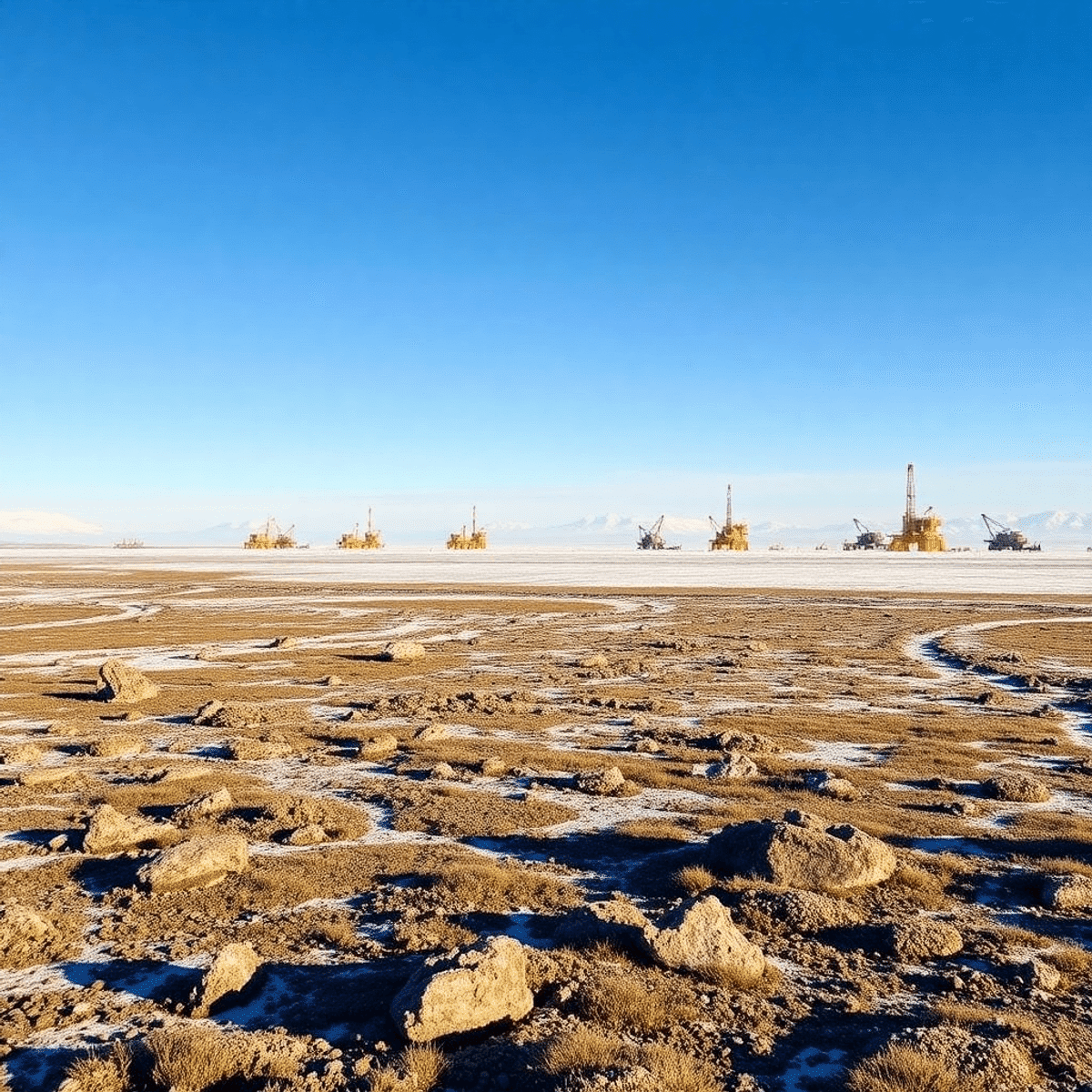 A breathtaking Arctic landscape of Prudhoe Bay, Alaska, showcasing rugged tundra, oil rigs in the background, and a clear blue sky, highlighting na...