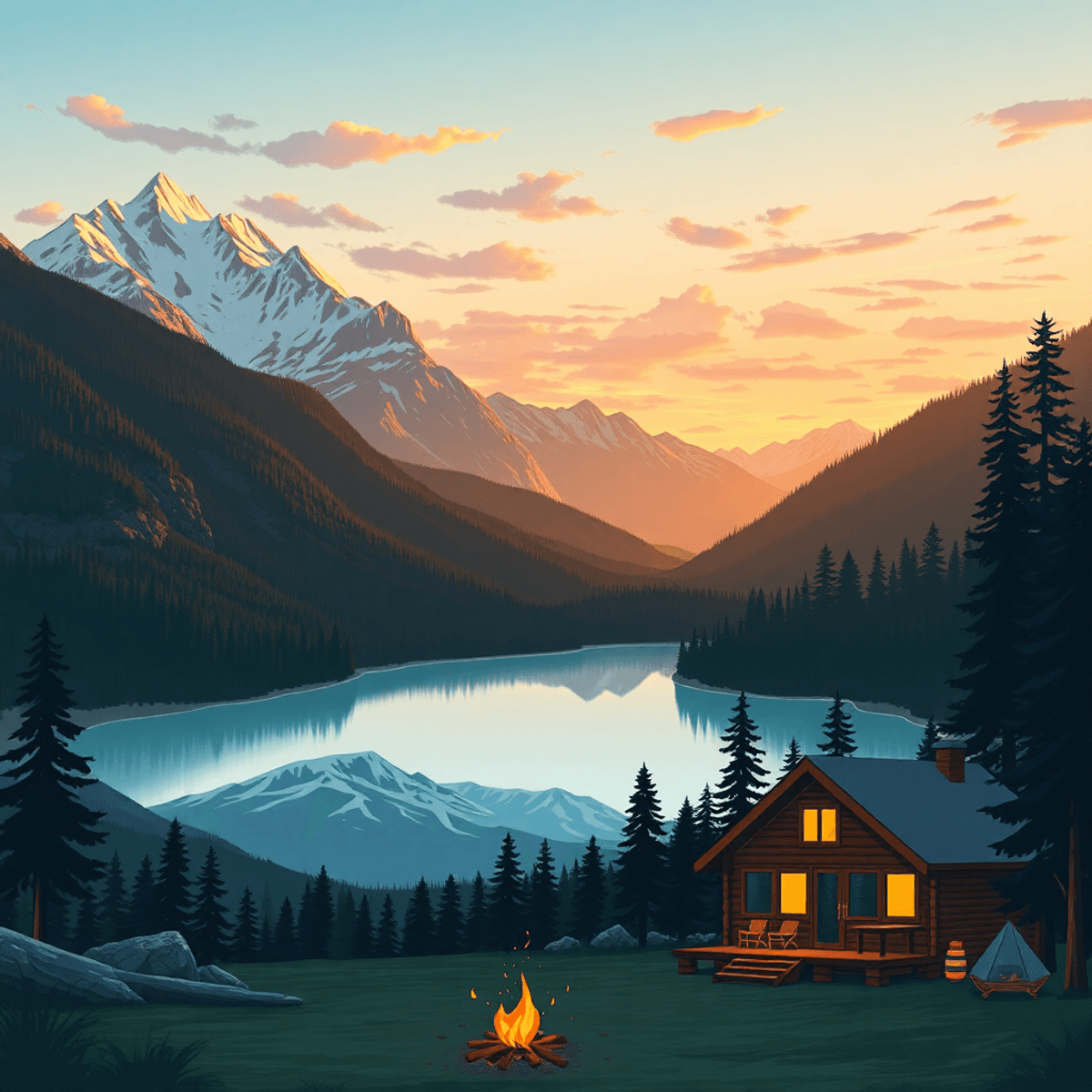 A scenic view of Houston, Alaska featuring mountains and forests, with a cozy cabin and campfire, highlighting outdoor adventures and a warm commun...
