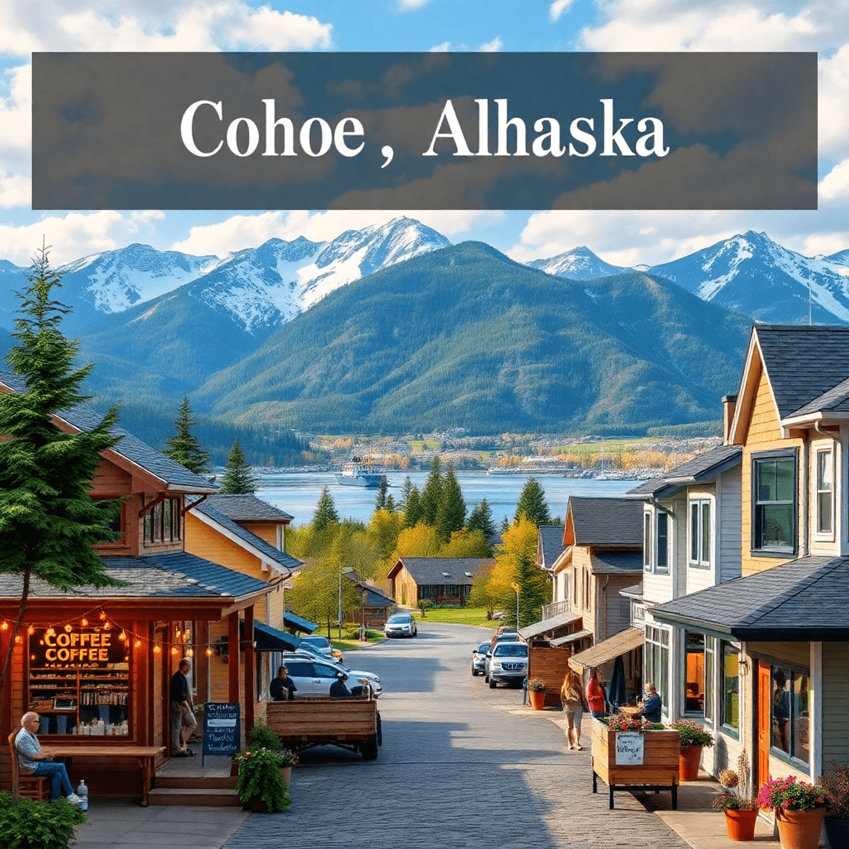 A scenic view of Cohoe, Alaska, featuring cozy coffee shops, mountains, trees, and a tranquil waterfront, creating a warm and inviting small-town a...