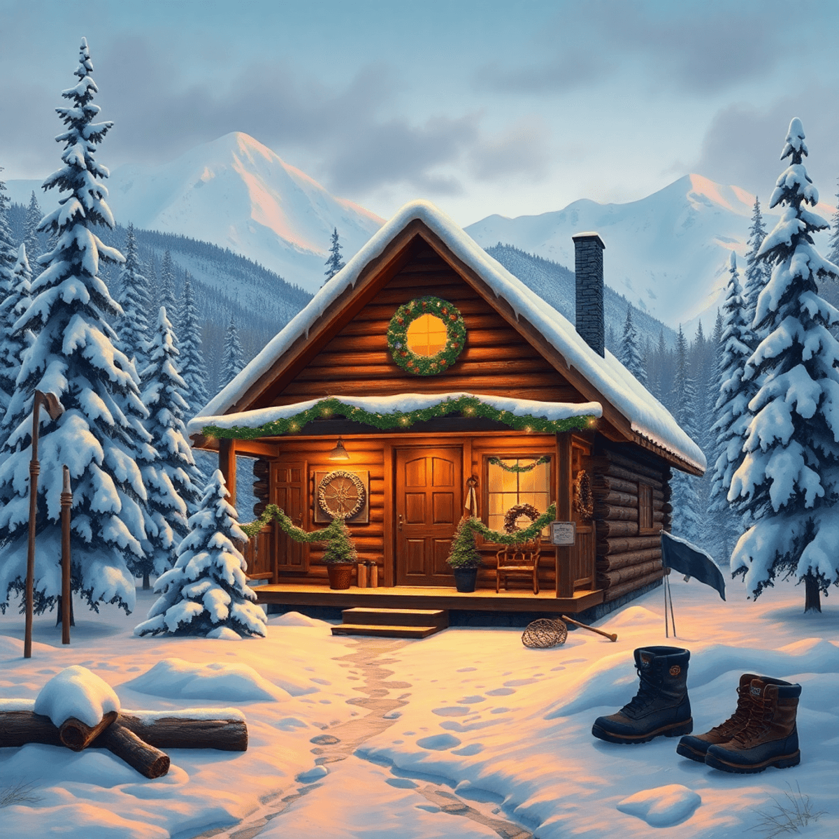 A cozy cabin in a snowy landscape of Bear Creek, Alaska, surrounded by snow-covered trees and mountains, with ice fishing gear and hiking boots nea...