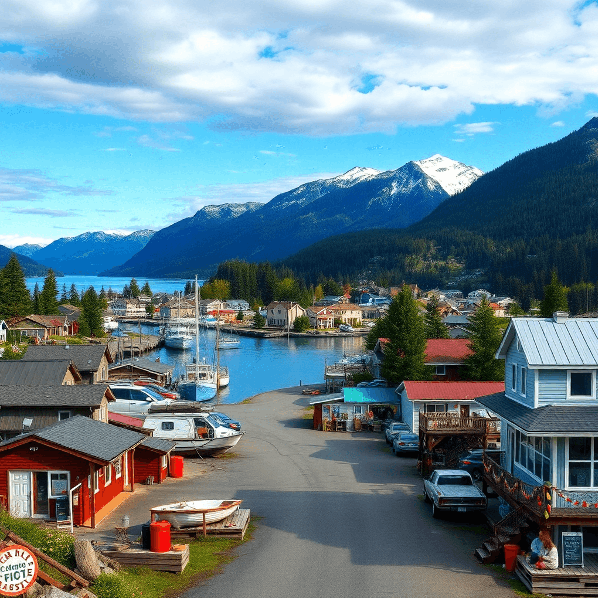 A scenic view of Cordova, Alaska, featuring a fishing town surrounded by mountains and water, with outdoor activity elements and community gatherin...
