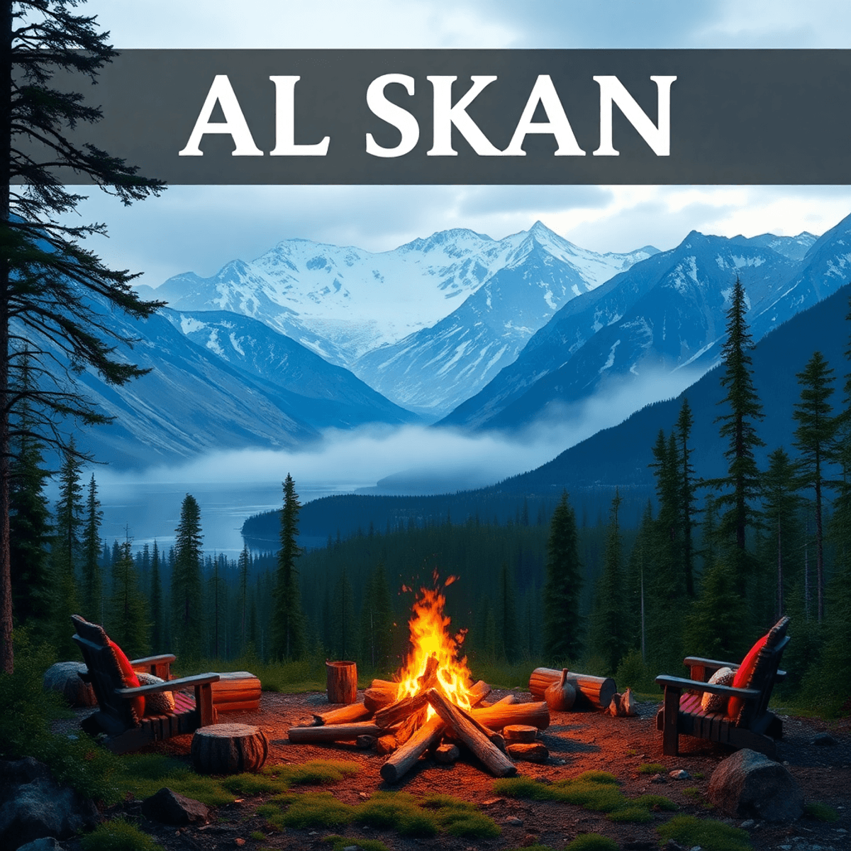 A picturesque Alaskan wilderness scene with majestic mountains and lush forests, showcasing a cozy bonfire and a picnic setup, radiating warmth and...