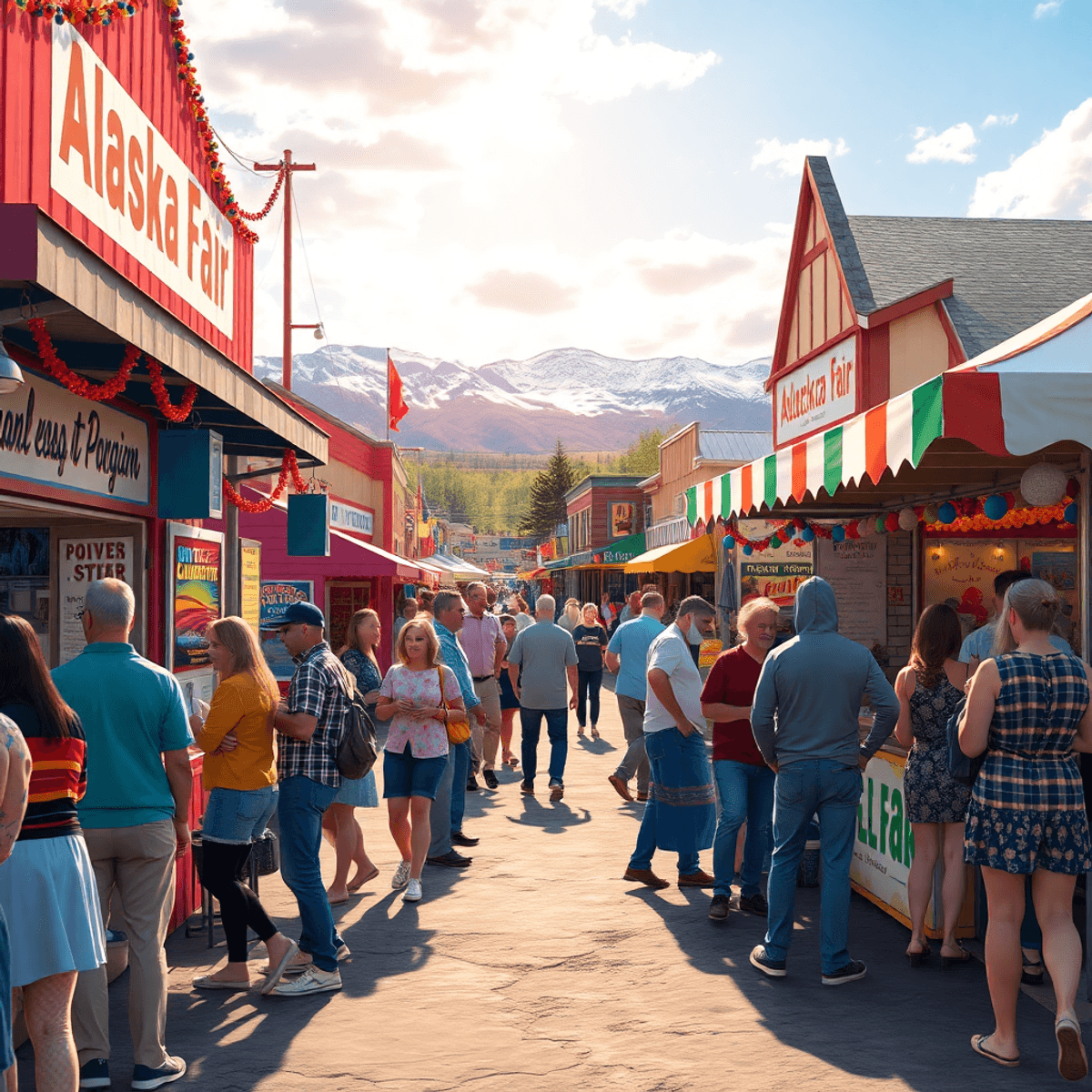 A lively small-town fair in Alaska with colorful stalls, joyful attendees, food stands, and live music against a backdrop of the scenic landscape a...