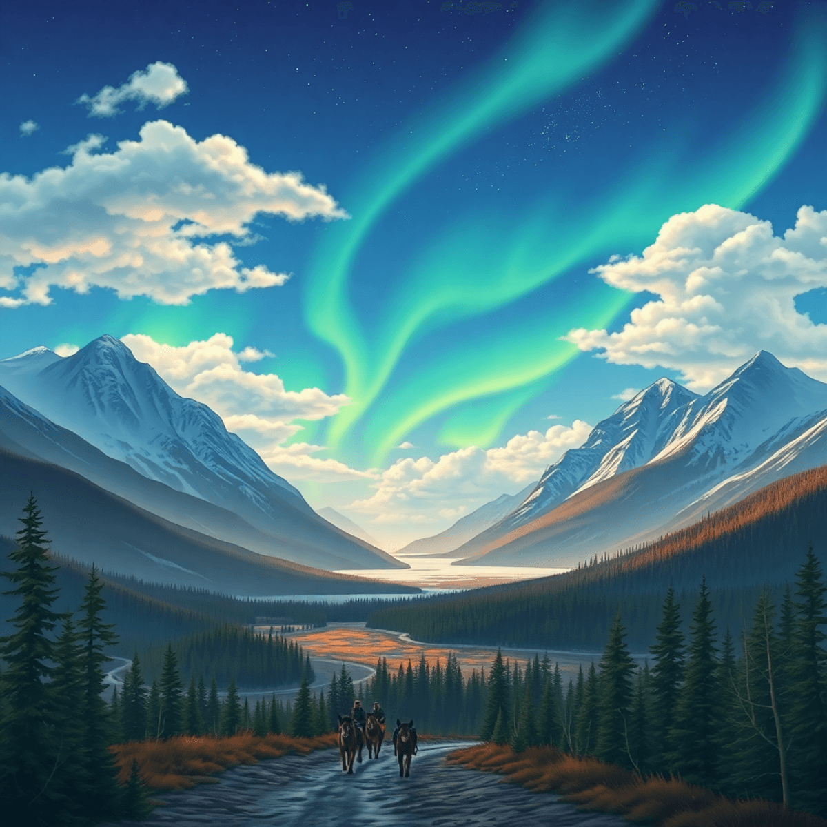 A breathtaking Alaskan wilderness scene near Tok, showcasing mountains, forests, a dog sled, and northern lights, embodying adventure and community...