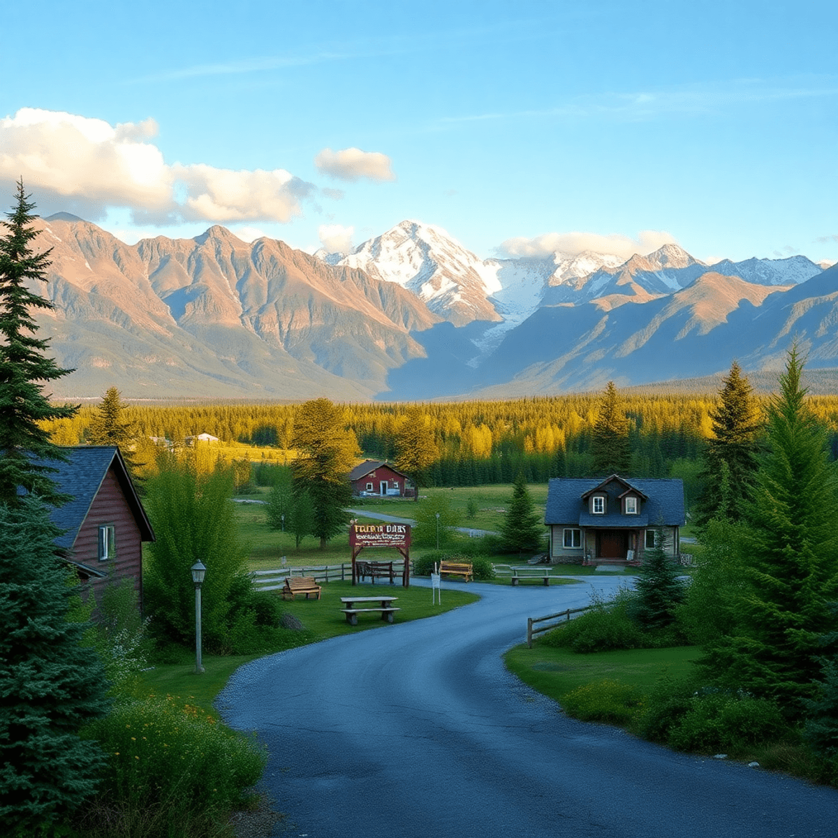 A scenic landscape of Big Delta, Alaska, showcasing mountains and lush greenery with a cozy gathering spot, evoking adventure and community warmth.